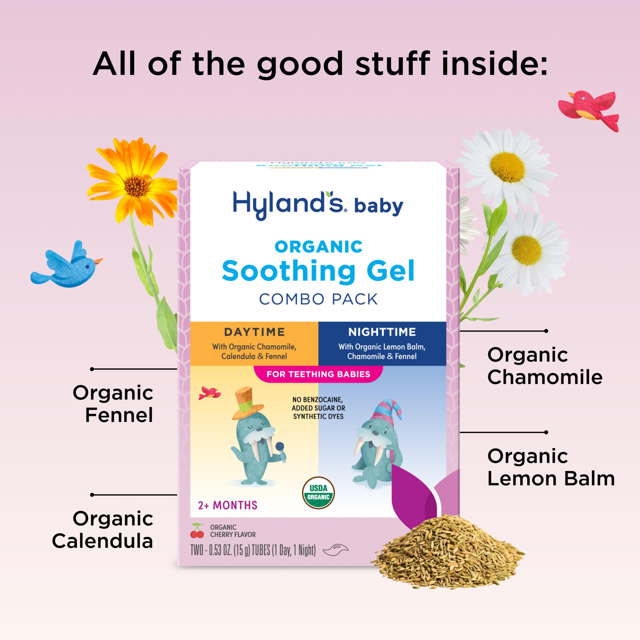 Hyland's Baby Organic Teething Gel Day & Night Combo, natural teething relief for babies, in a clear package with gel tubes.
