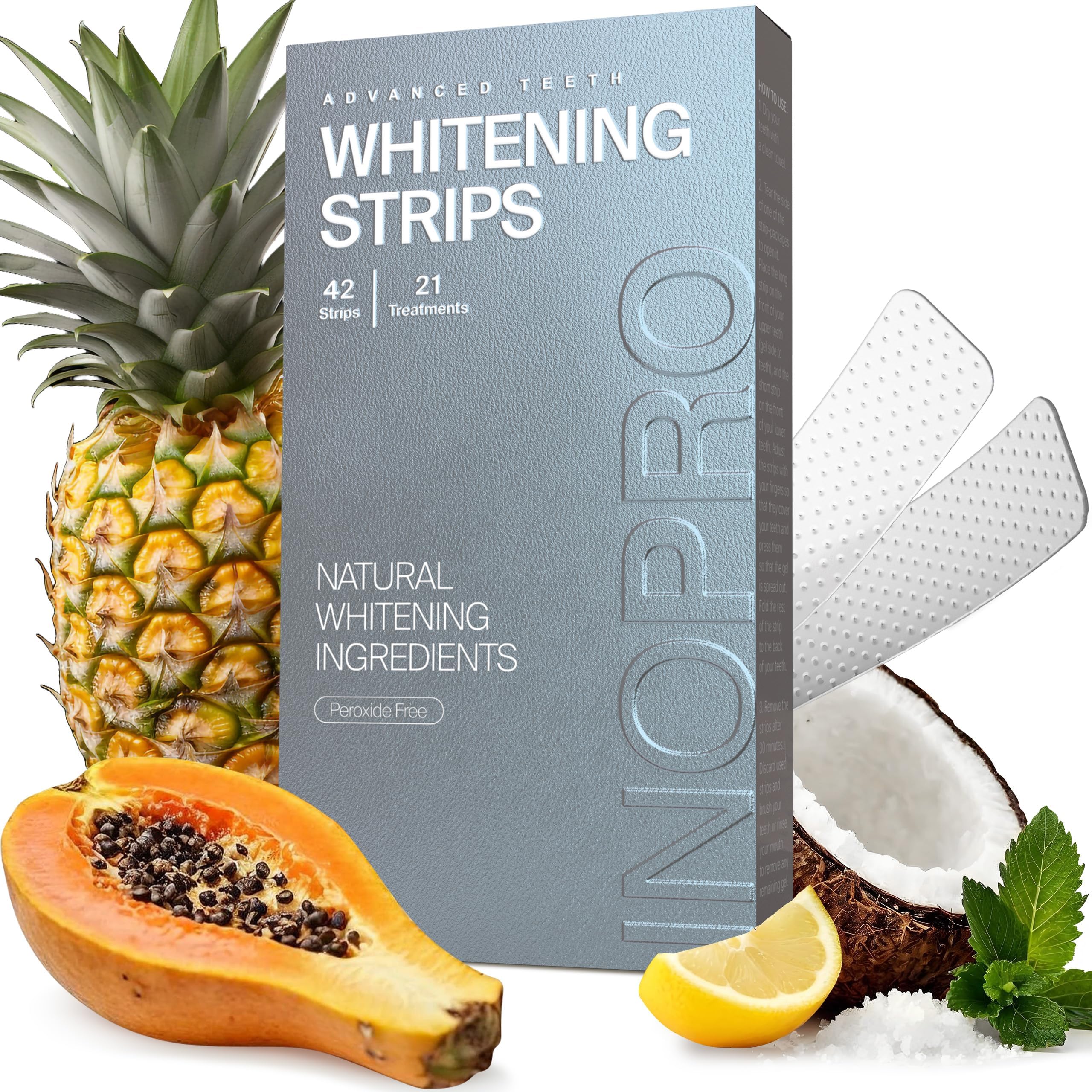 InoPro Natural Teeth Whitening Strips for brightening teeth, showing the box with 21 treatment strips and a smiling person.