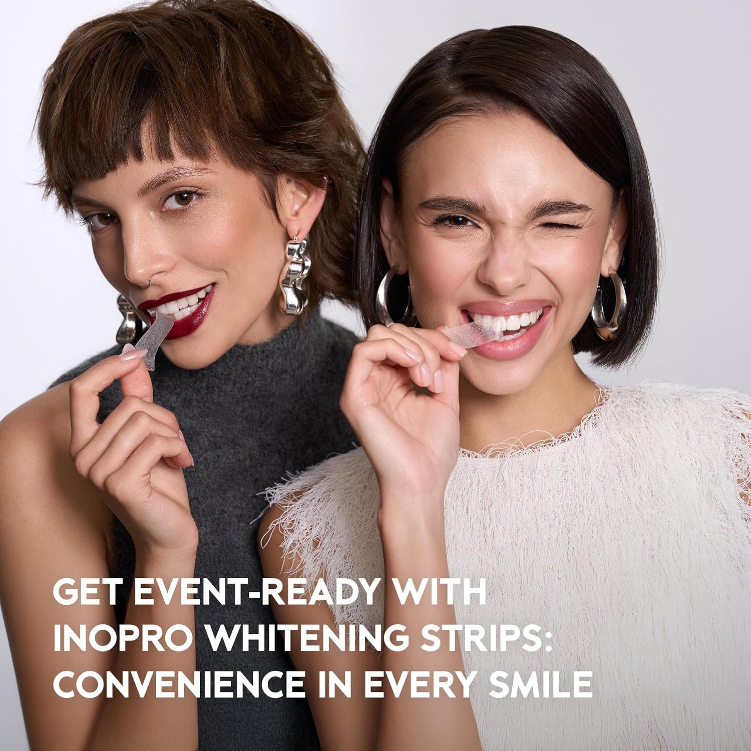 InoPro Natural Teeth Whitening Strips for 21 treatments, showing the packaging and application strips for tooth whitening.
