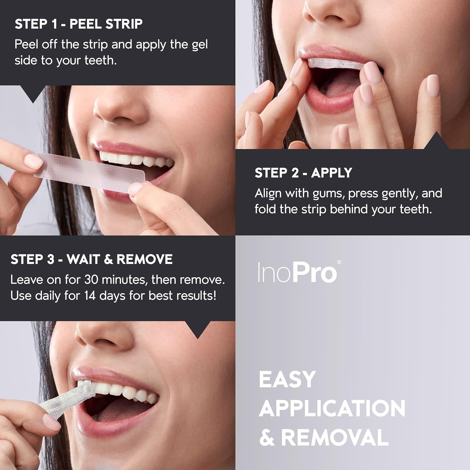InoPro Natural Teeth Whitening Strips, 21 treatments, showing the packaging and strips for tooth whitening.