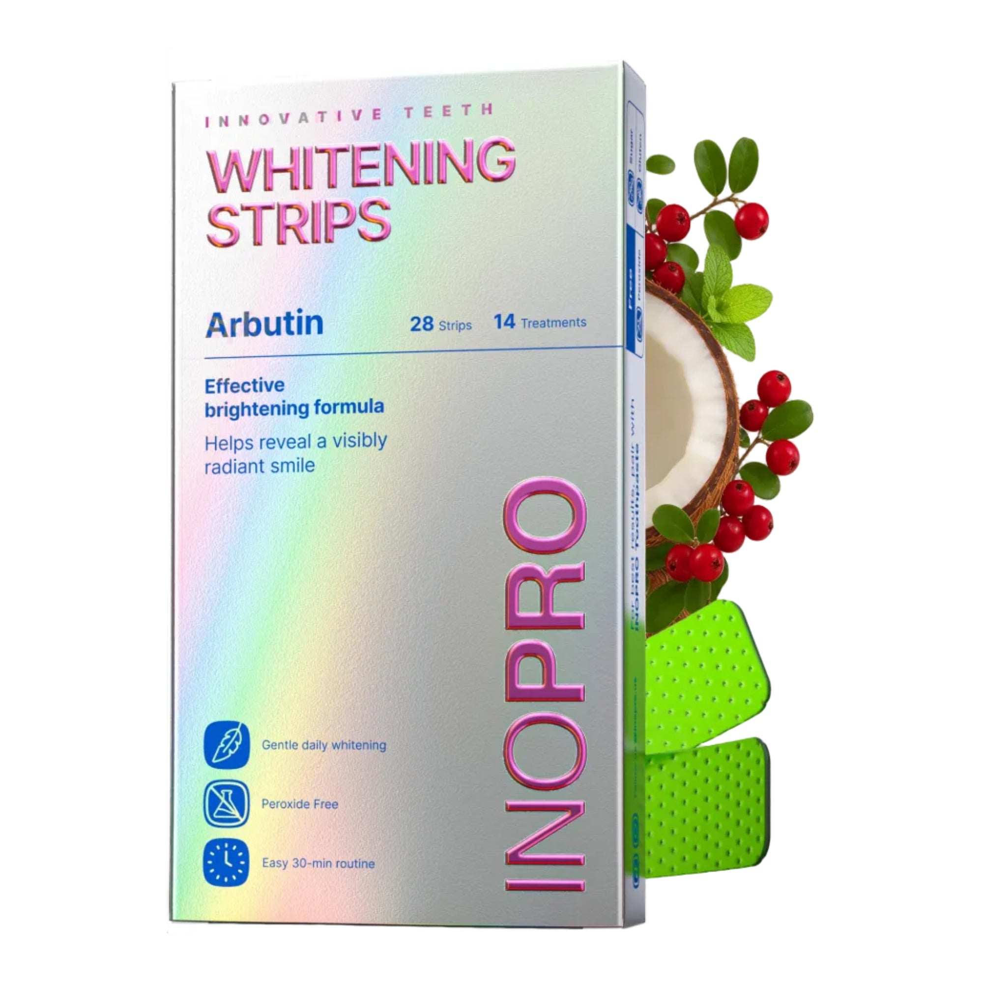InoPro Teeth Whitening Strips kit with 14 treatments, showing the whitening strips and packaging for brightening teeth.