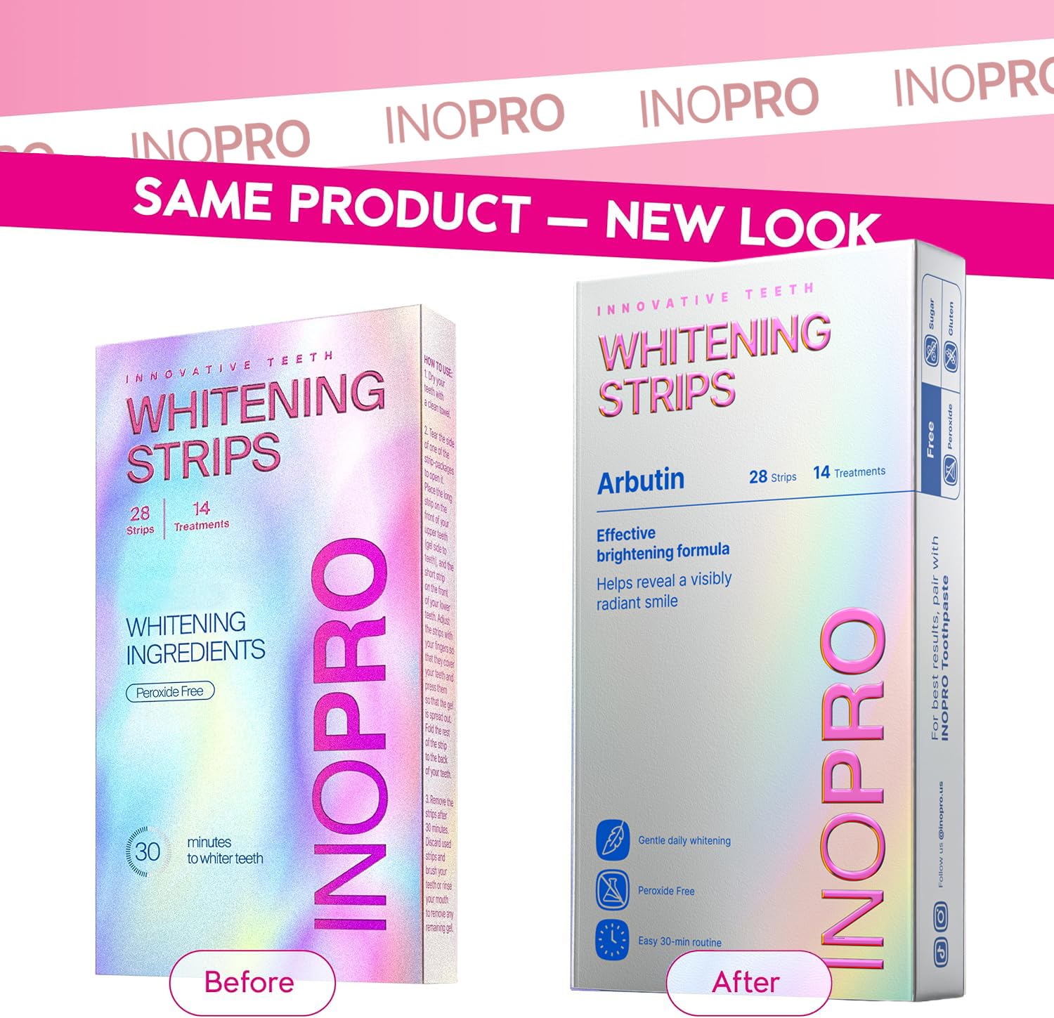 InoPro teeth whitening strips kit with 14 treatments, showing the strips and packaging for professional tooth whitening.