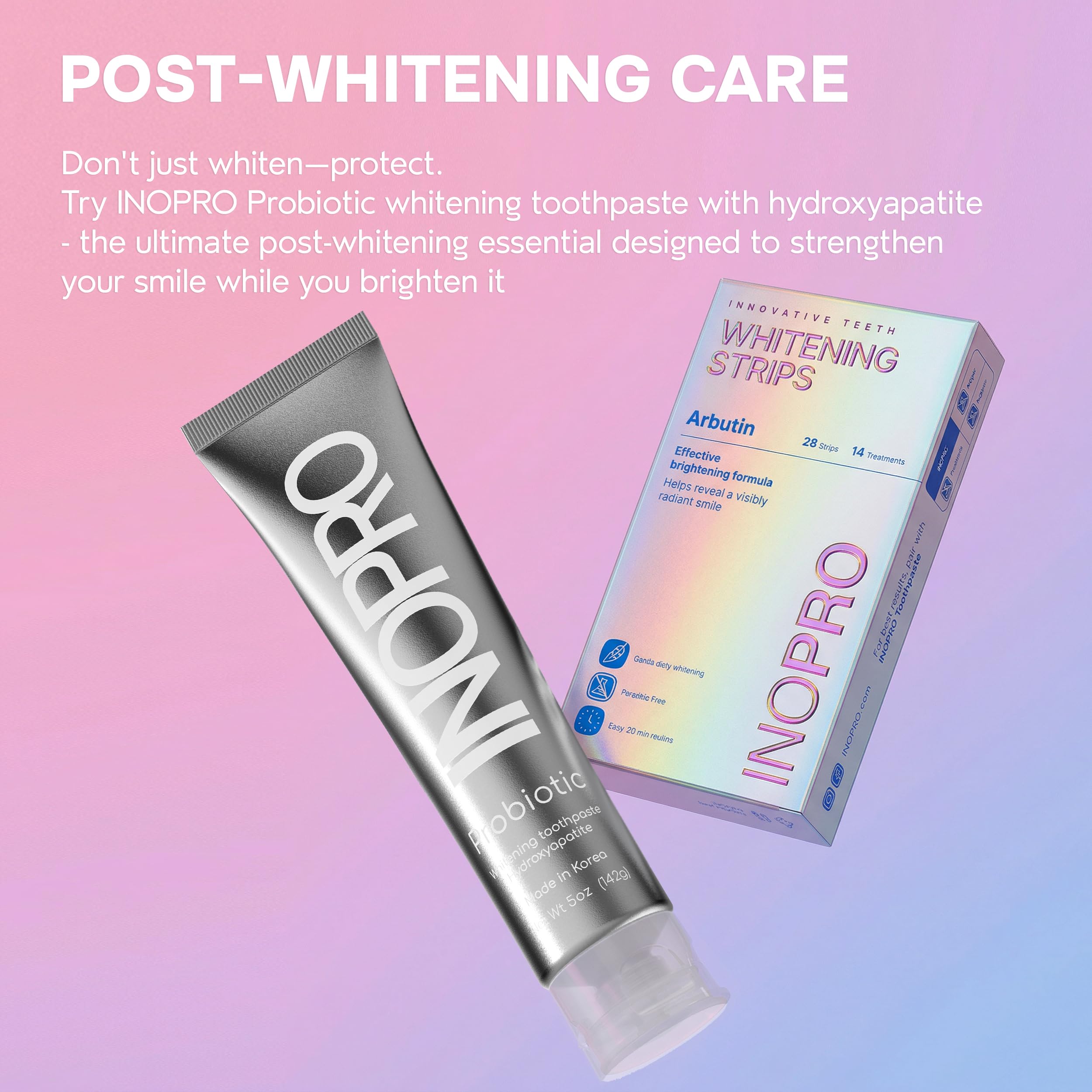 InoPro teeth whitening strips kit with 14 treatments, showing the whitening strips and packaging on a white background.