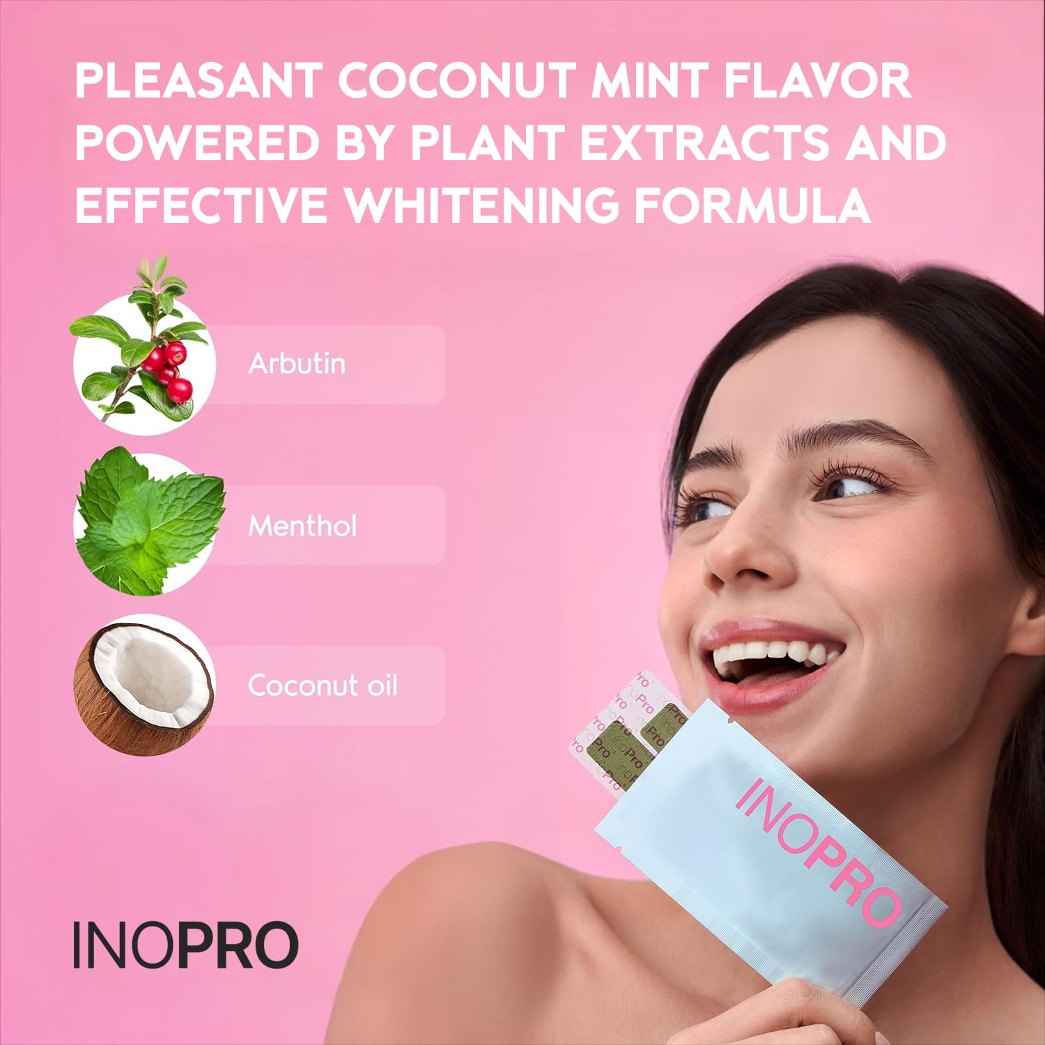 InoPro teeth whitening strips kit with 14 treatments, showing the whitening strips and packaging for brightening teeth.