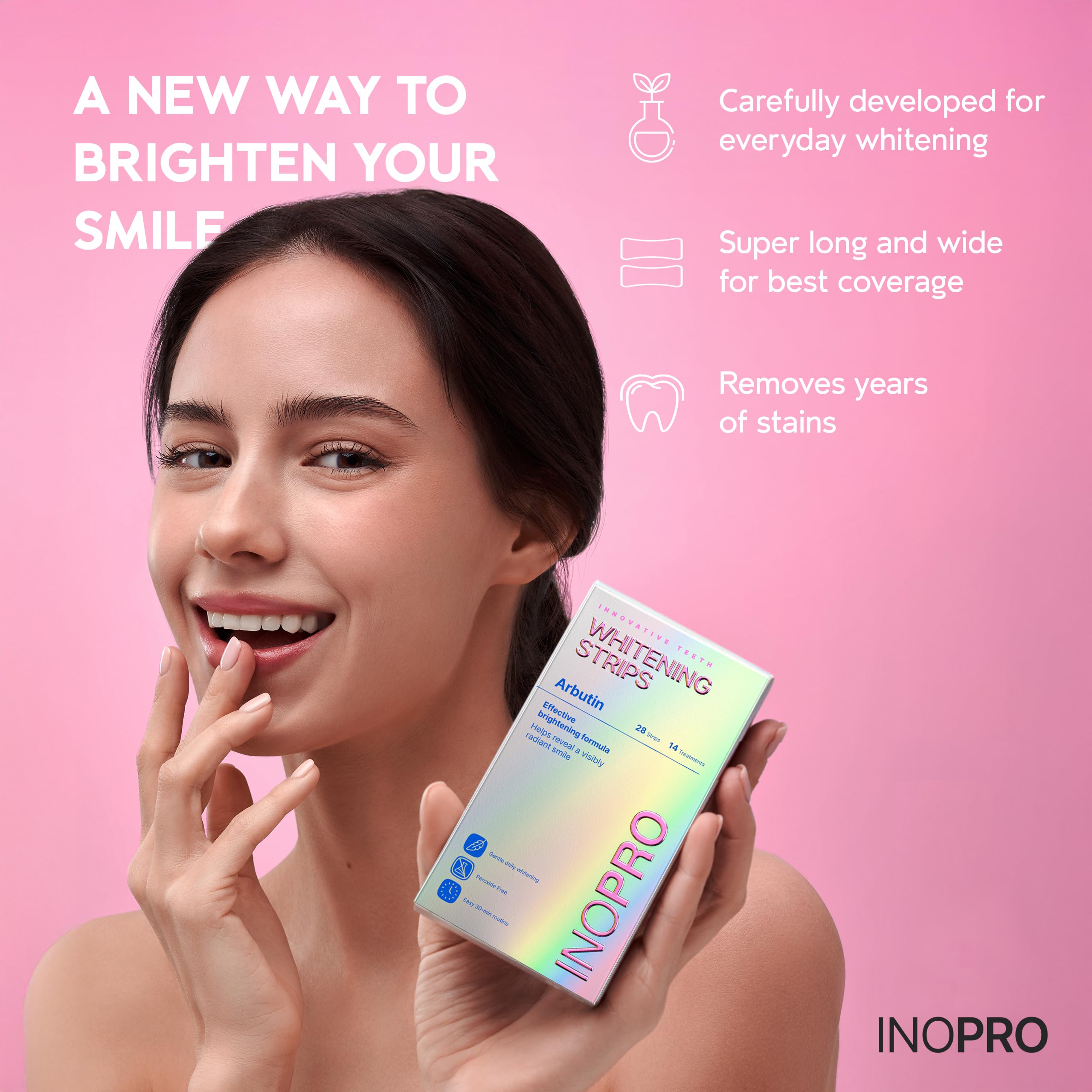 InoPro teeth whitening strips kit with 14 treatments showing the strips and packaging for brightening teeth.