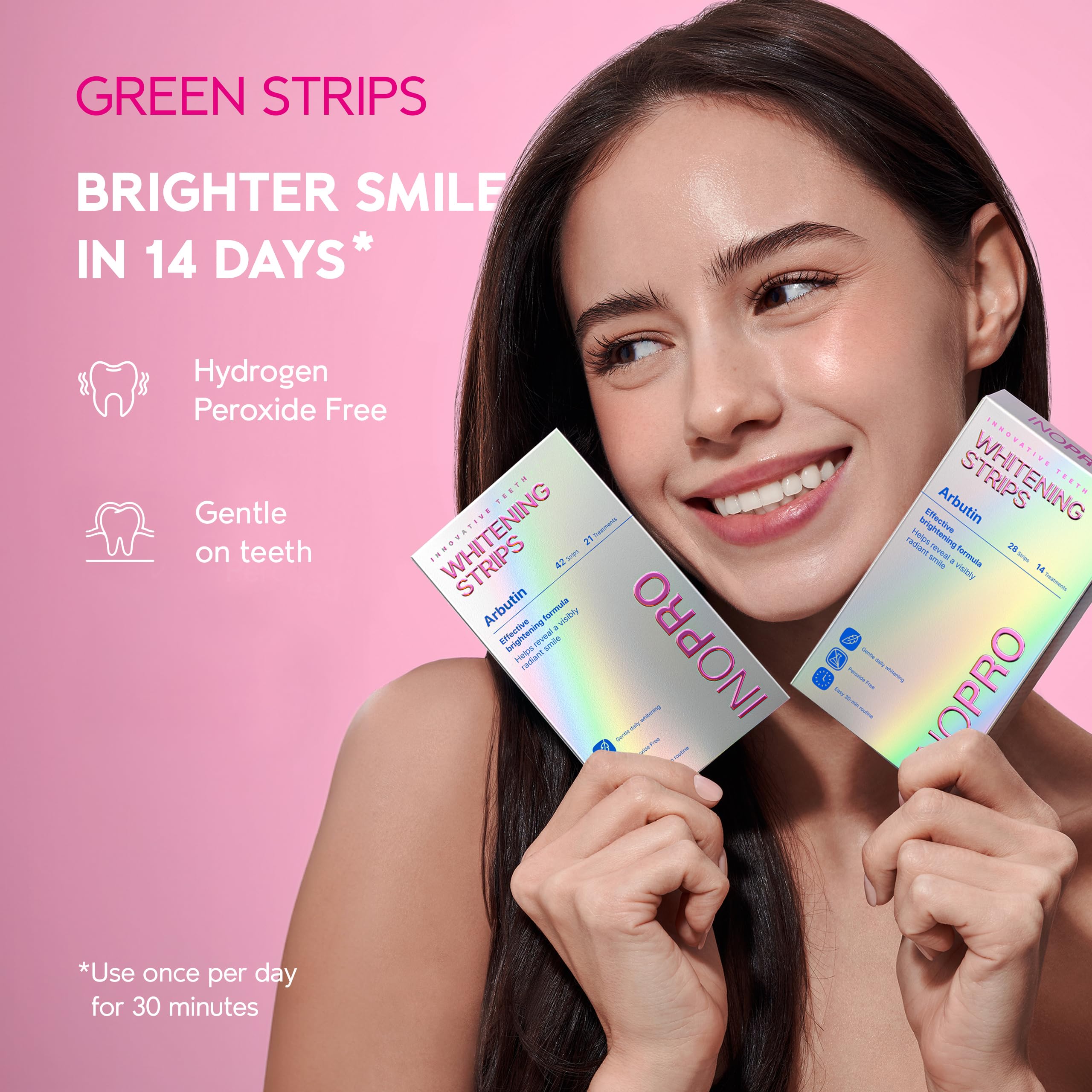 InoPro Teeth Whitening Strips kit with 14 treatments, featuring clear strips for professional-level teeth whitening at home.