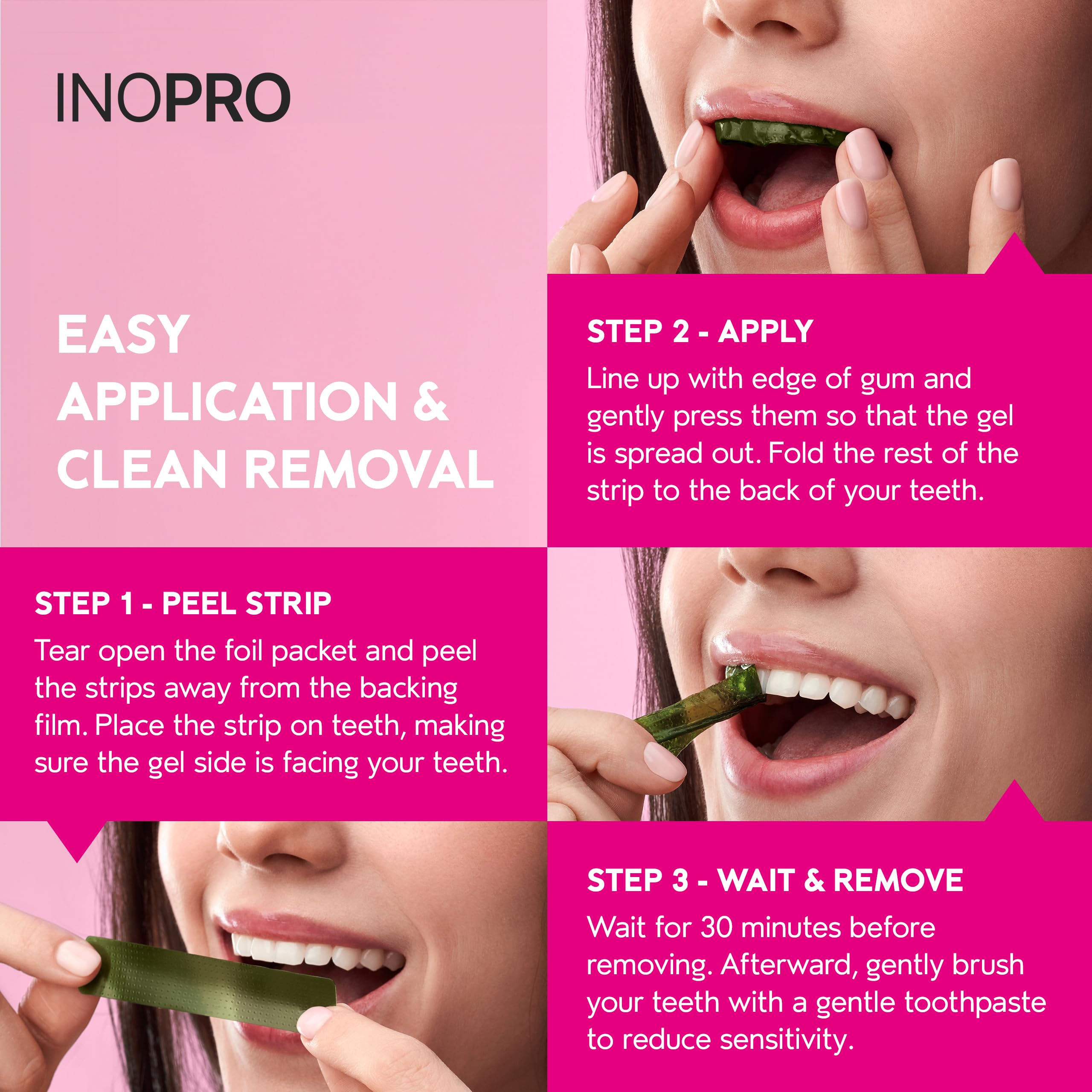 InoPro Teeth Whitening Strips kit with 14 treatments, featuring easy-to-apply strips for brighter, whiter teeth.