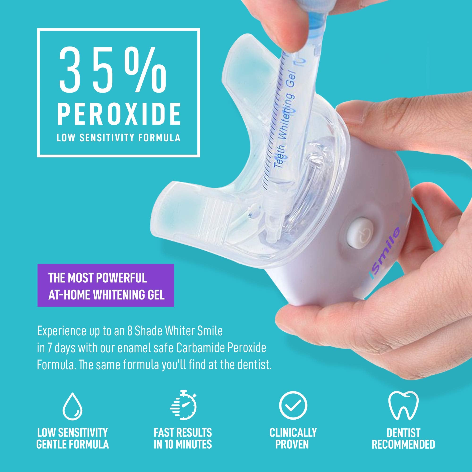iSmile Teeth Whitening Kit with LED light and 35% Carbamide Peroxide, featuring whitening gel and whitening tray for brightening teeth