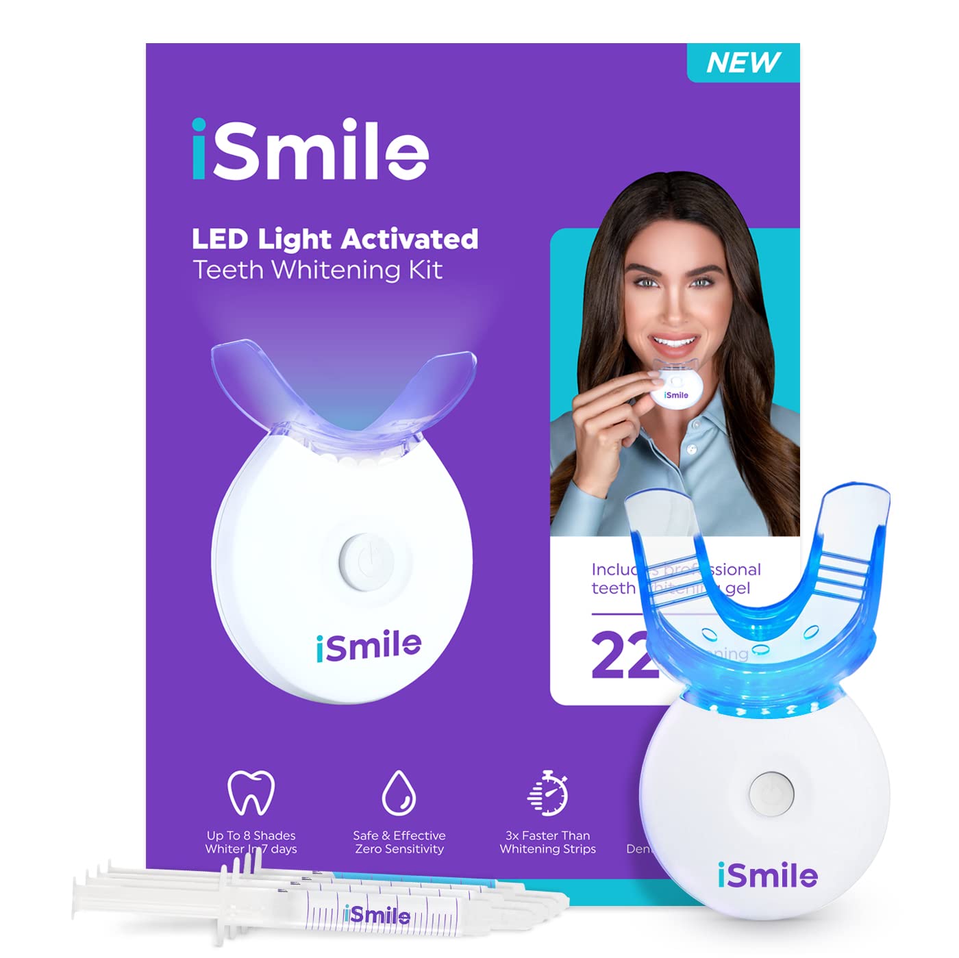 iSmile Teeth Whitening Kit with LED light and 35% carbamide peroxide for professional-level teeth whitening at home.