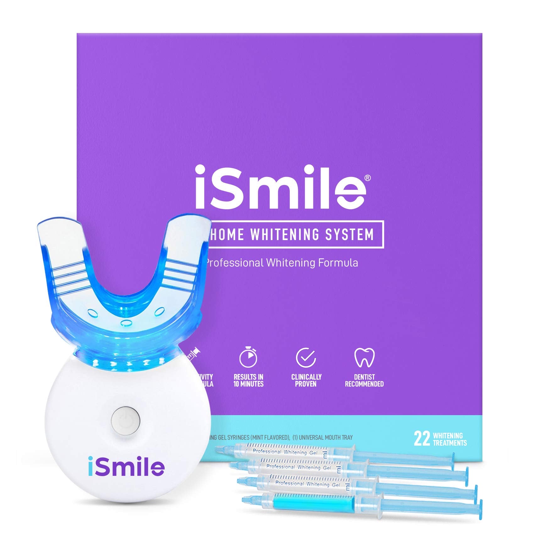 iSmile Teeth Whitening Kit with LED light and 35% Carbamide Peroxide for professional teeth whitening at home.