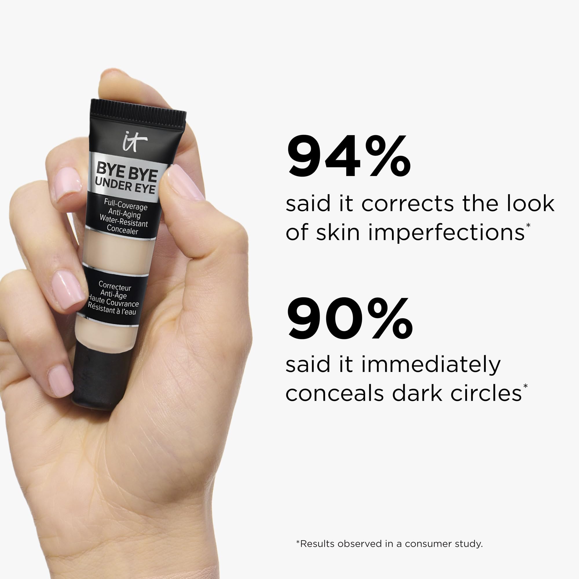 IT Cosmetics Bye Bye Under Eye Concealer in Light Buff, a tube of skin concealer with a doe-foot applicator and smooth texture.