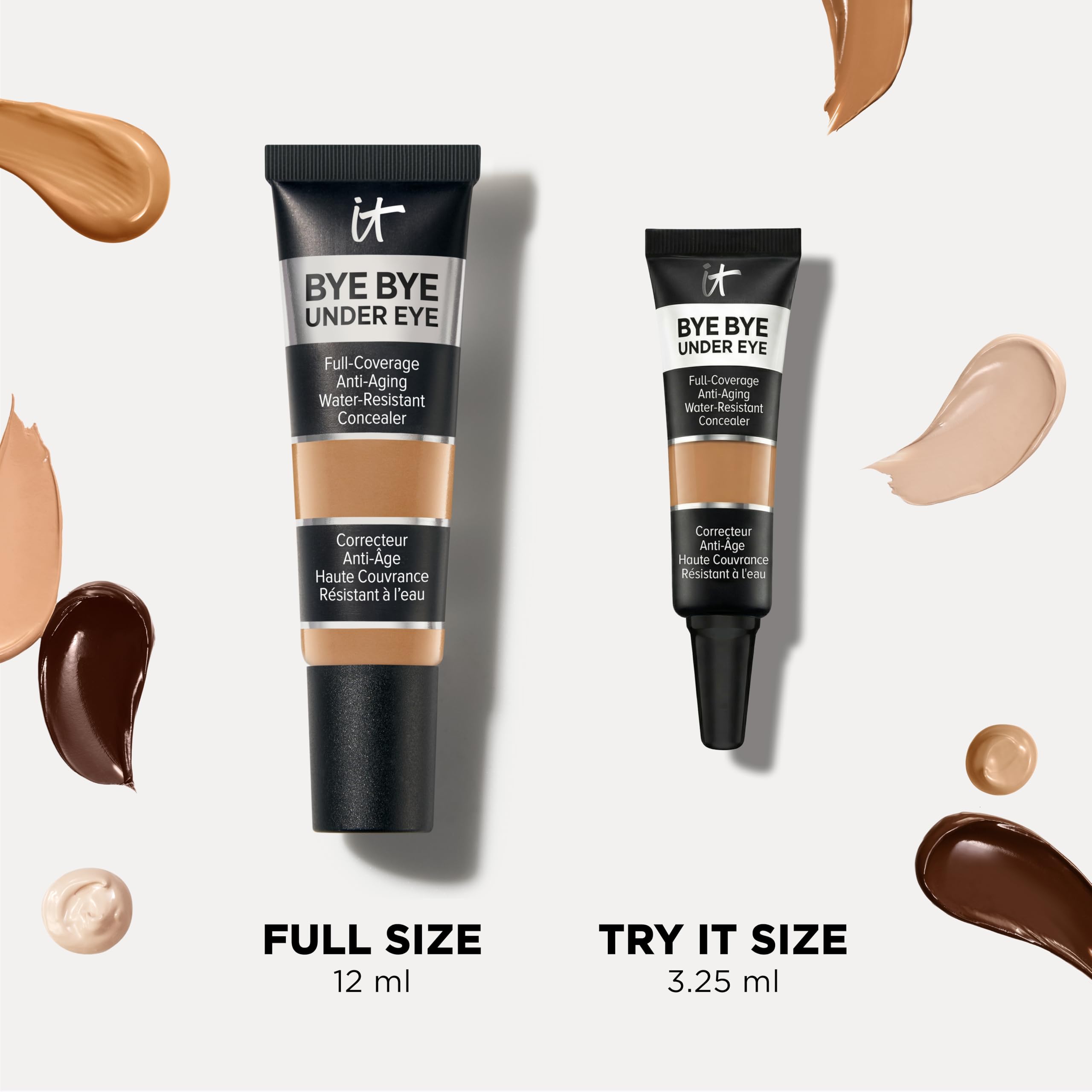 IT Cosmetics Bye Bye Under Eye Concealer in Light Buff, close-up of the tube with applicator and product label visible.