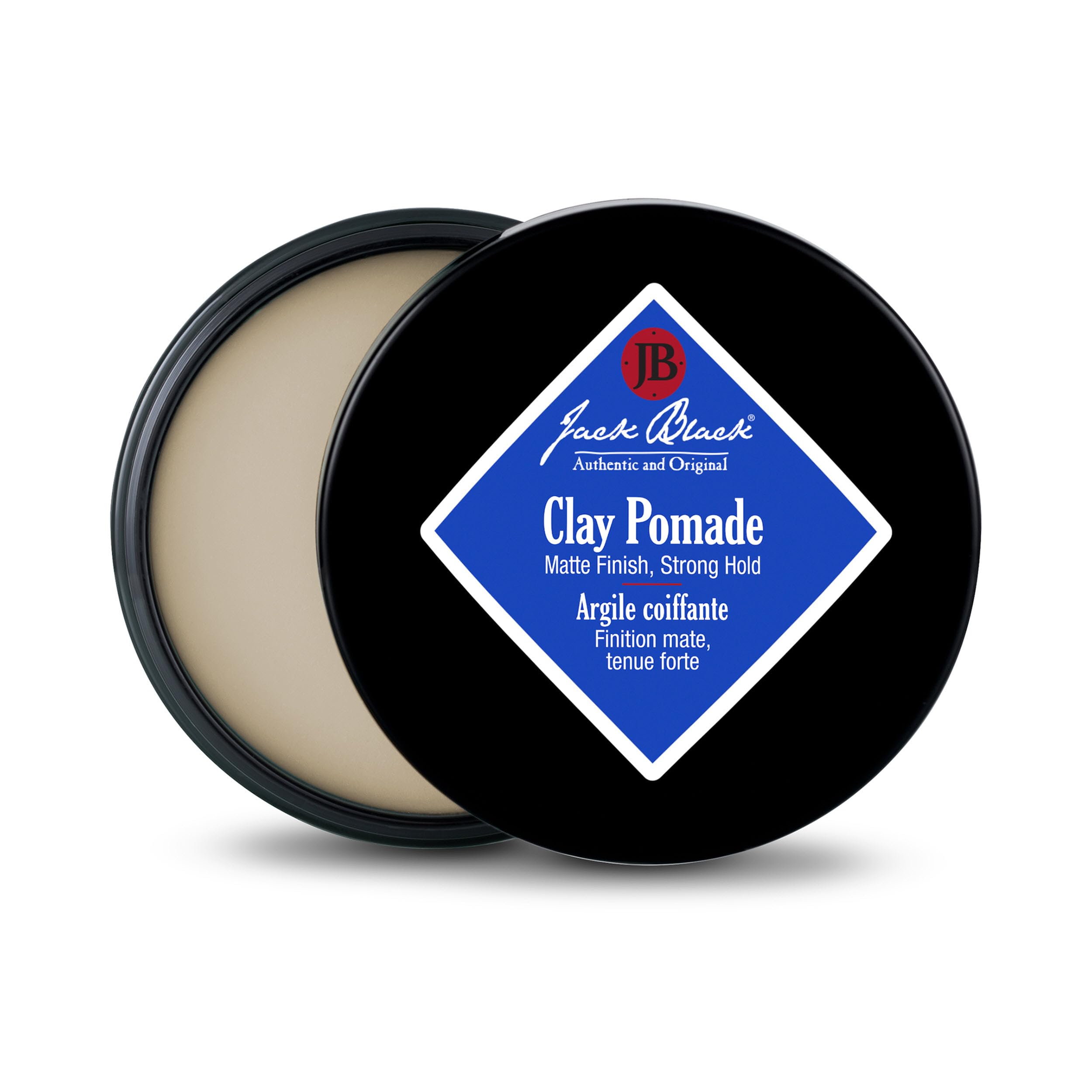 Jack Black Clay Pomade in 2.75 oz jar, matte hold hair styling agent for men, shown in container with product label.