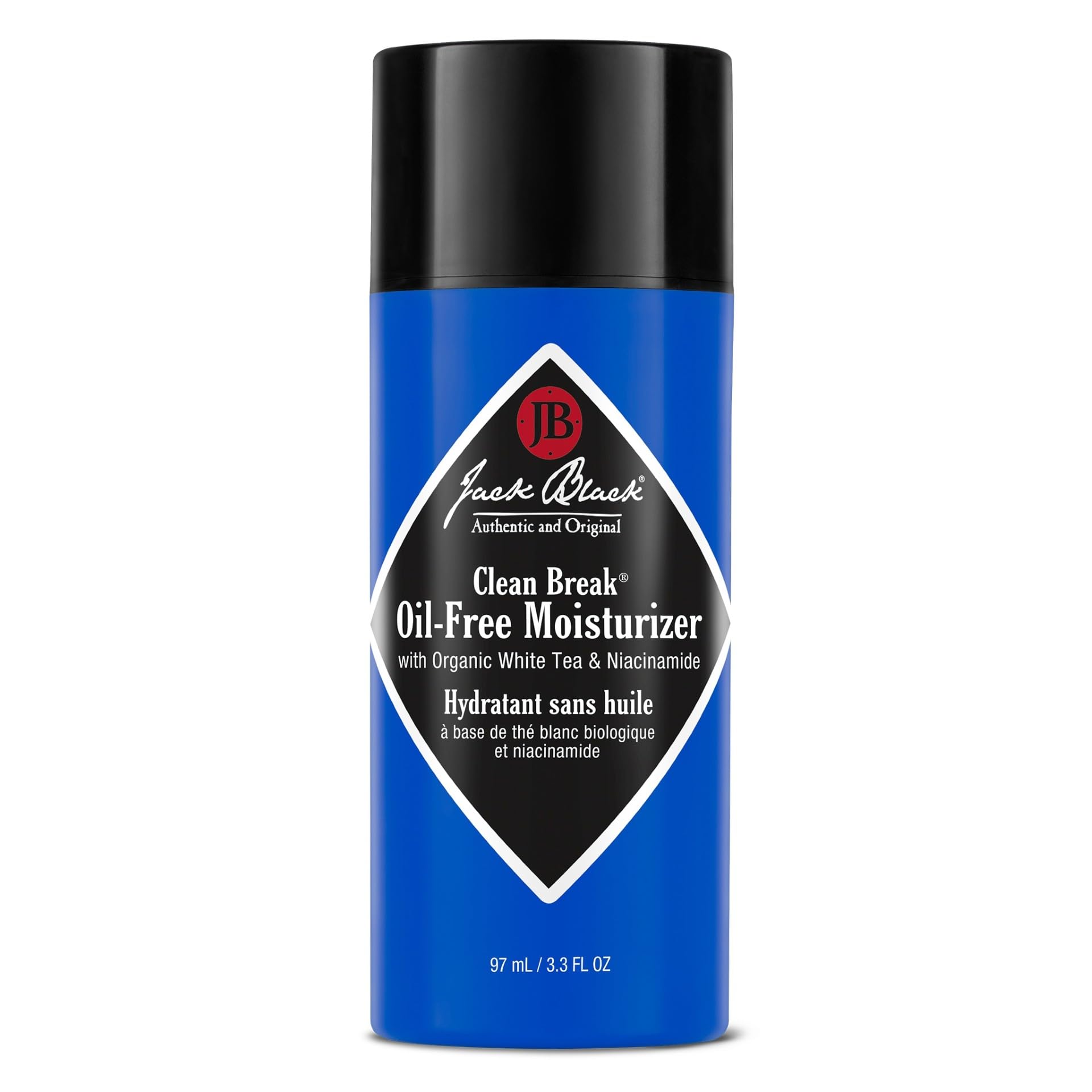 Jack Black Clean Break Oil-Free Moisturizer in 3.3 oz bottle, suitable for oily skin, with a lightweight, non-greasy texture.