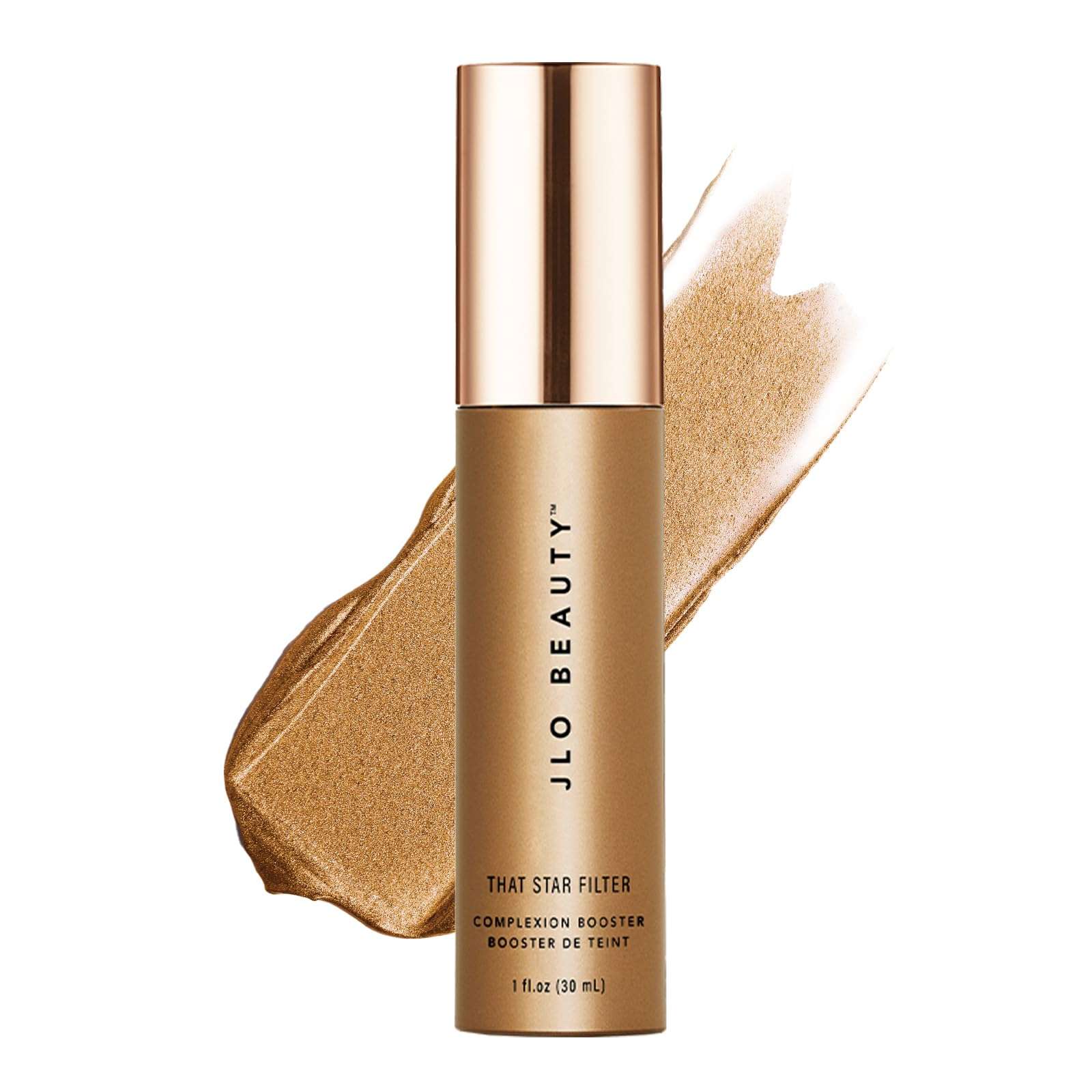 JLO Beauty That Star Filter Glow Drops Warm Bronze 1oz, face shaping makeup with a shimmering bronze finish, in a clear dropper bottle.