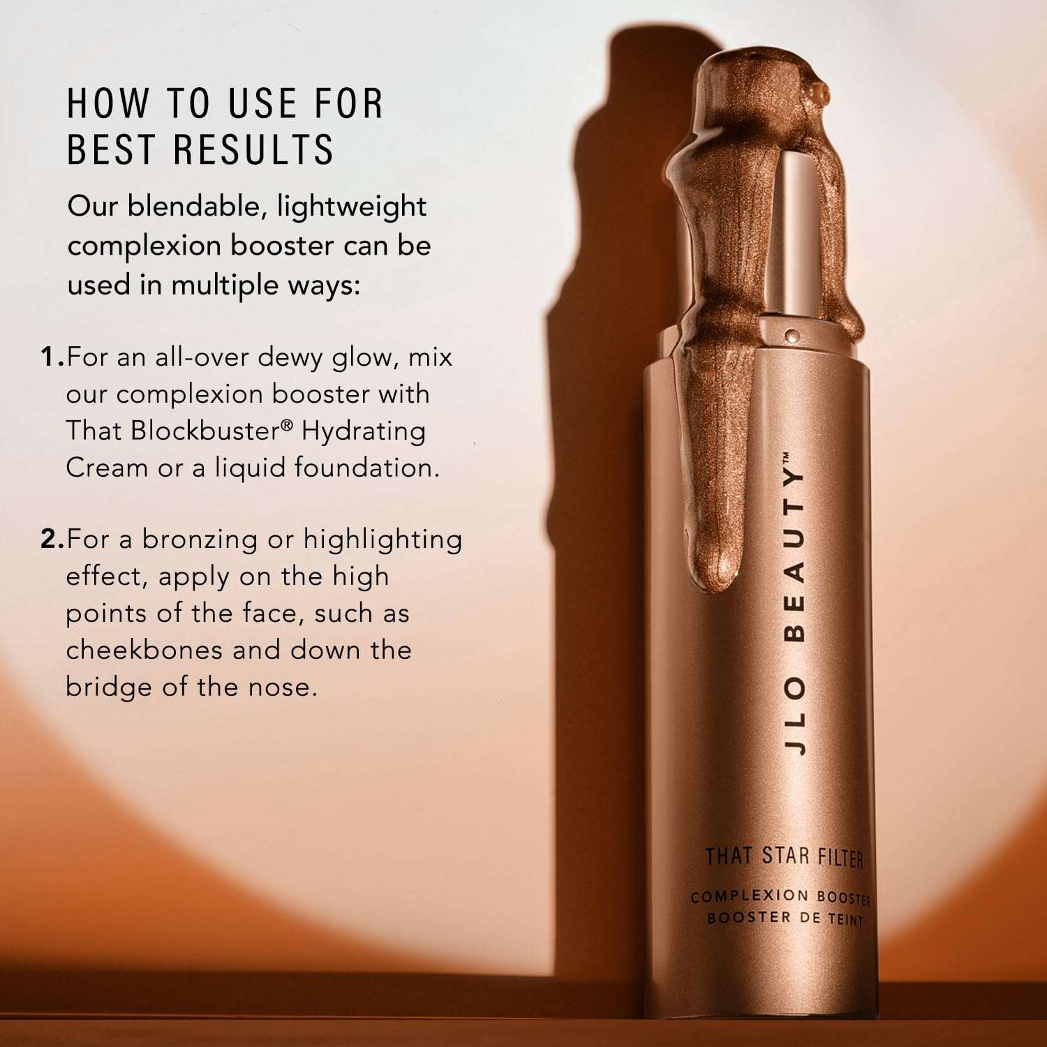 JLO Beauty That Star Filter Glow Drops in Warm Bronze, 1oz, showcasing the face-shaping makeup product with a shimmering bronze finish.