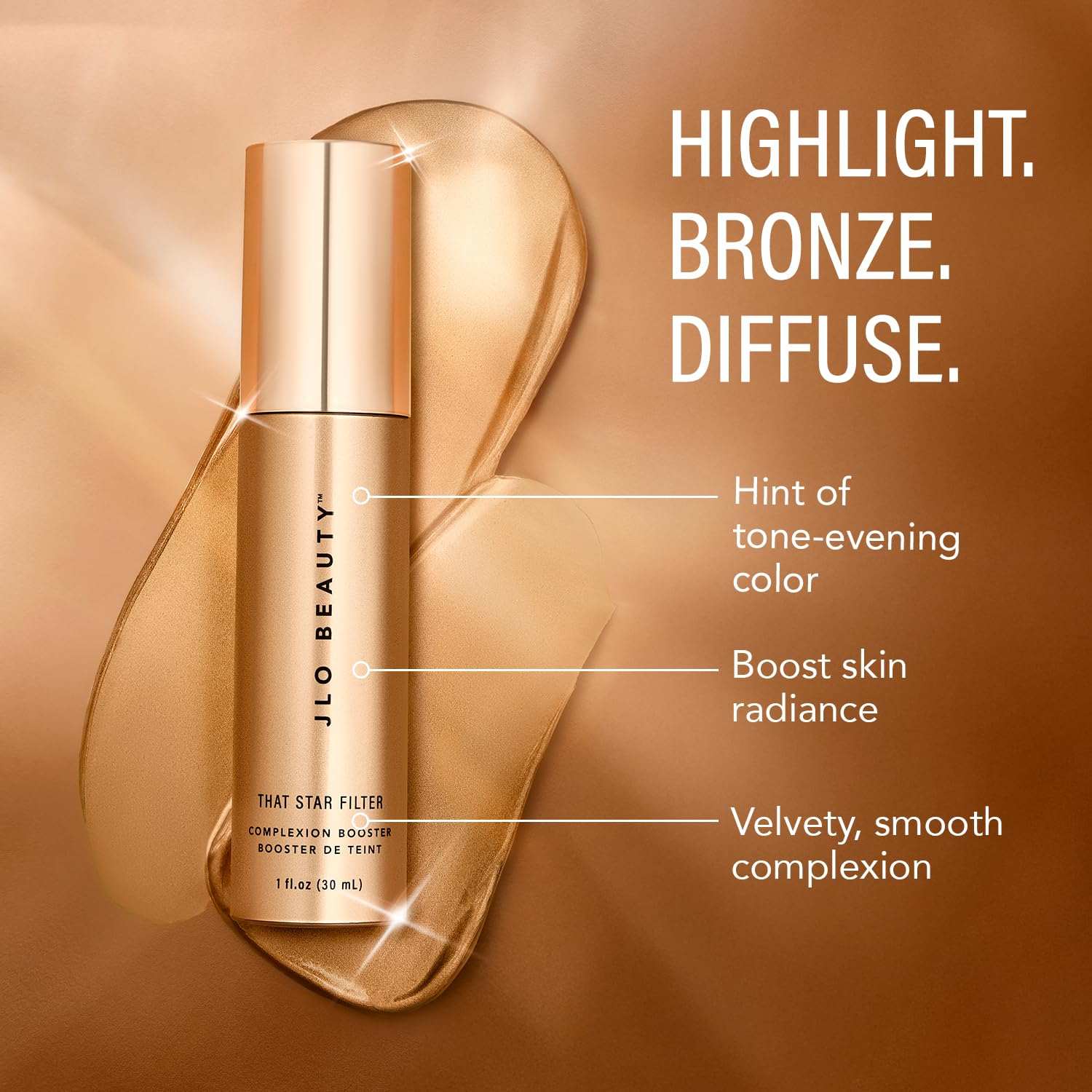 JLO Beauty That Star Filter Glow Drops in Warm Bronze, 1oz, with a dropper applicator and a shimmering face makeup finish.