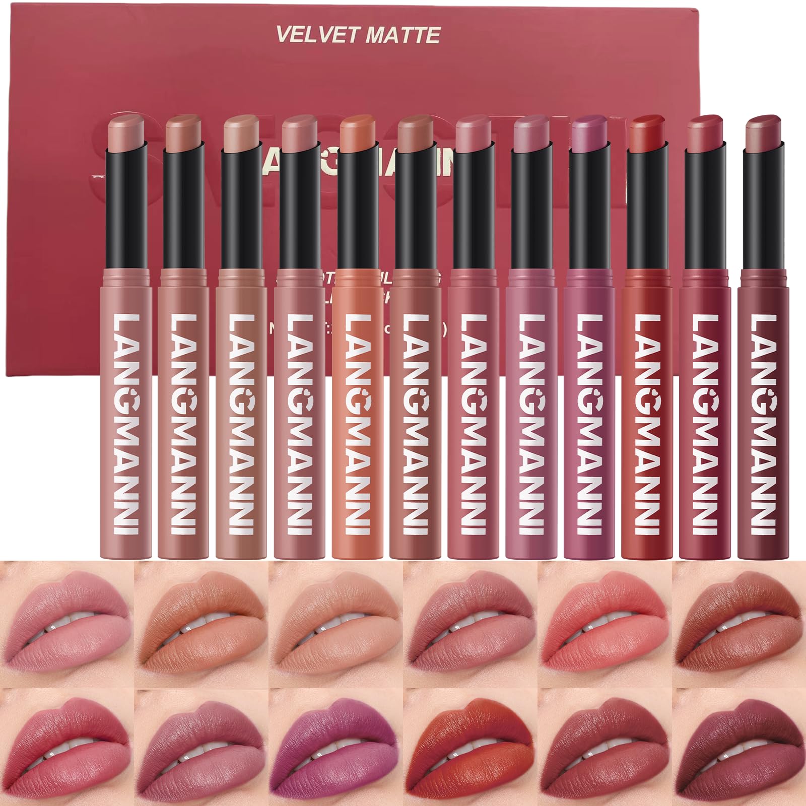 Jolilab 12-piece velvet matte lipstick set featuring long-lasting lip color in various shades.