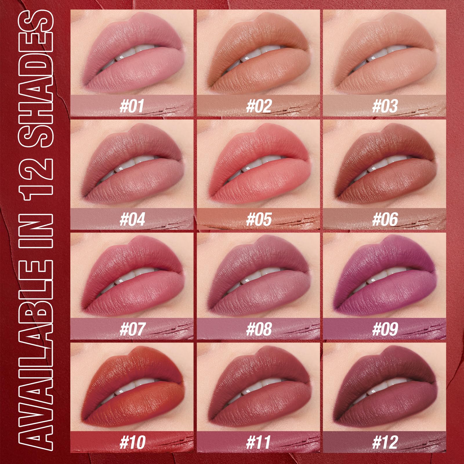 Jolilab 12-piece velvet matte lipstick set featuring long-lasting lip colors in various shades, displayed in a sleek collection.