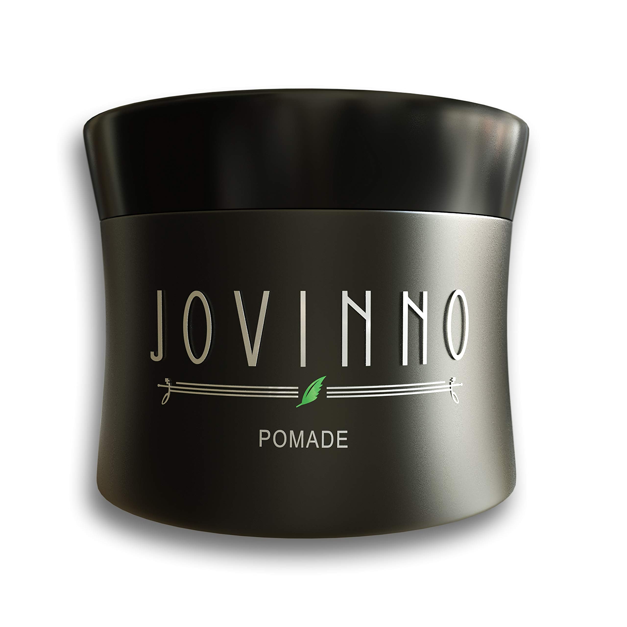 Jovinno Natural Hair Styling Pomade in 5oz jar, made in France, shown with smooth, styled hair and product label visible.