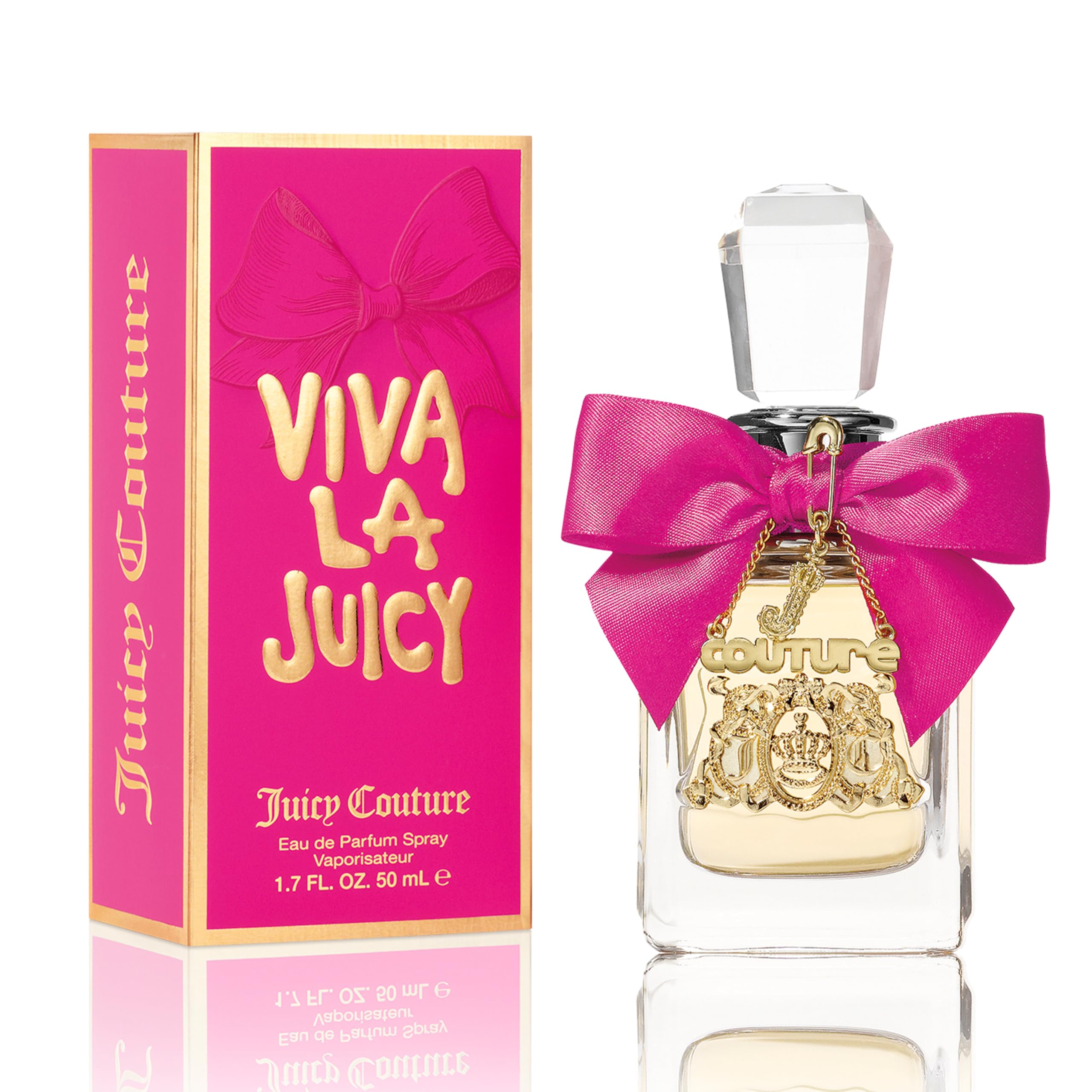 Juicy Couture Viva La Juicy women's EDP spray bottle with floral and fruity scent, featuring a pink and gold packaging design.
