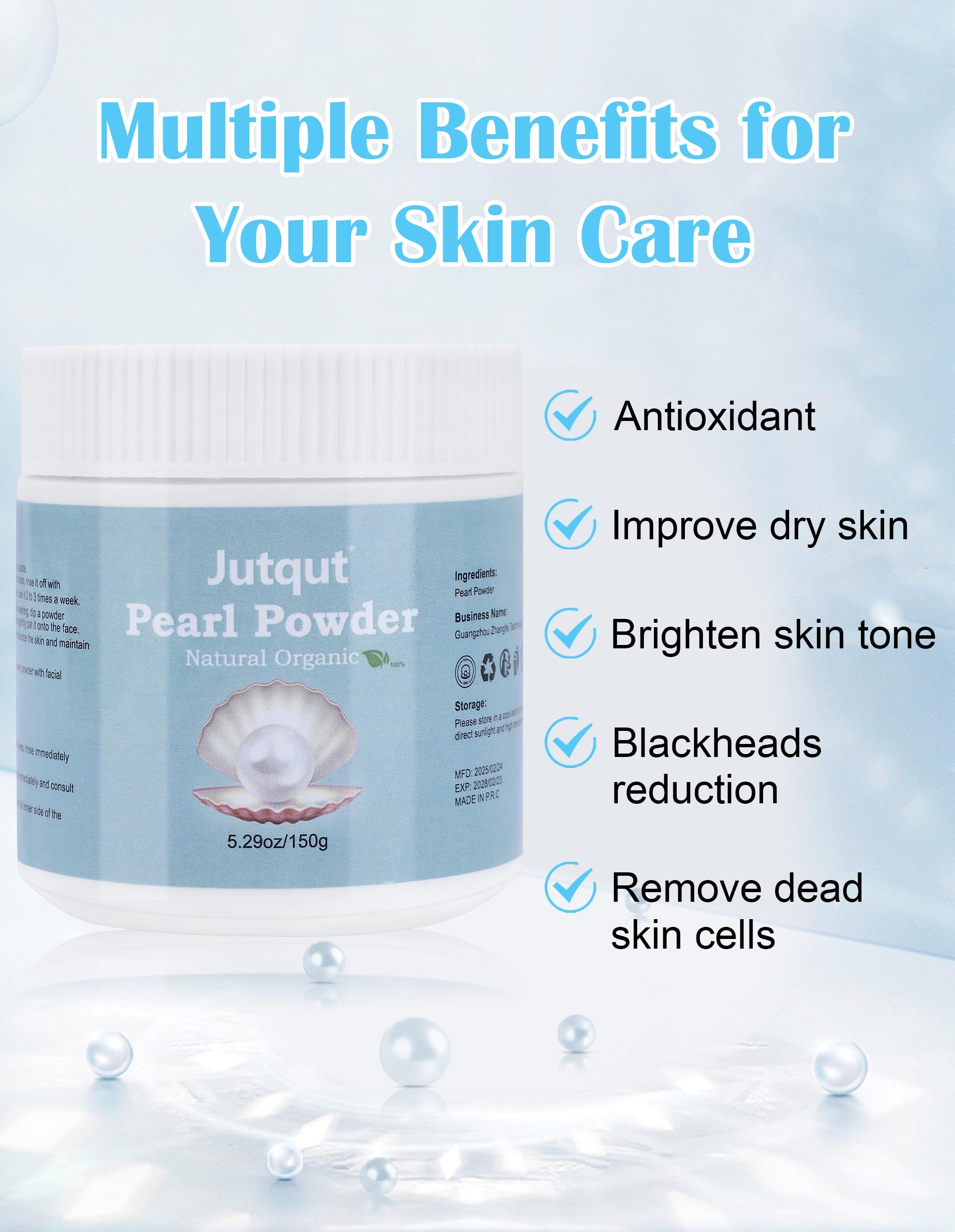 Jutqut Organic Freshwater Pearl Powder 150g for DIY skin treatment mask, fine white powder in a jar, natural skincare product.