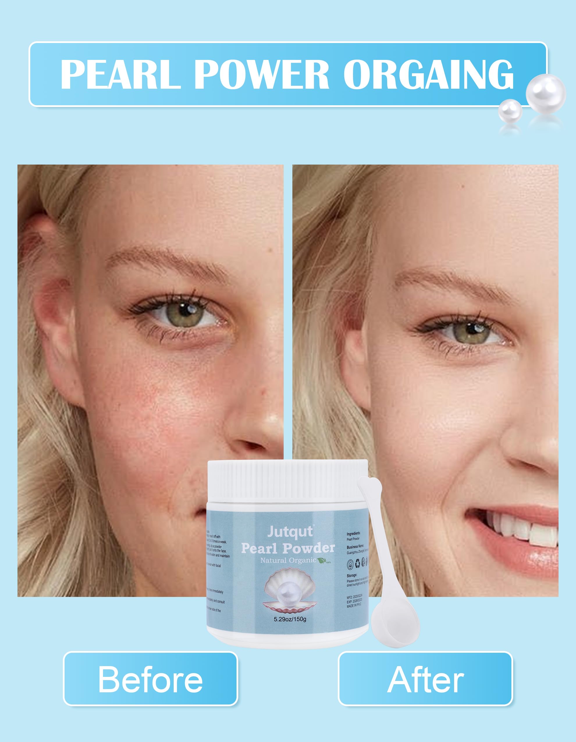 Jutqut Organic Freshwater Pearl Powder 150g for DIY skin treatment mask, fine white powder in a jar, natural skincare product.
