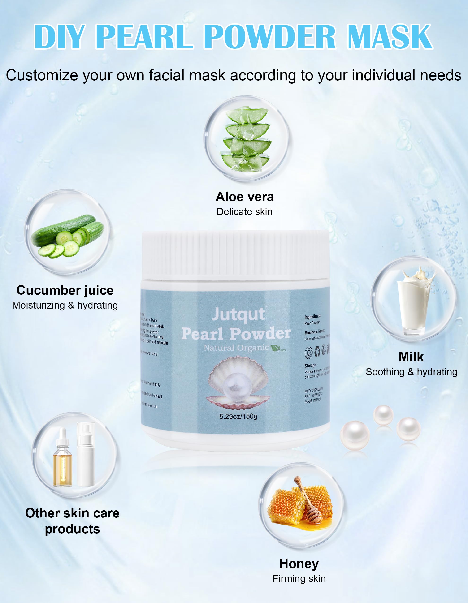 Jutqut Organic Freshwater Pearl Powder 150g for DIY skin treatment mask, in a jar with pearl powder visible on the surface.