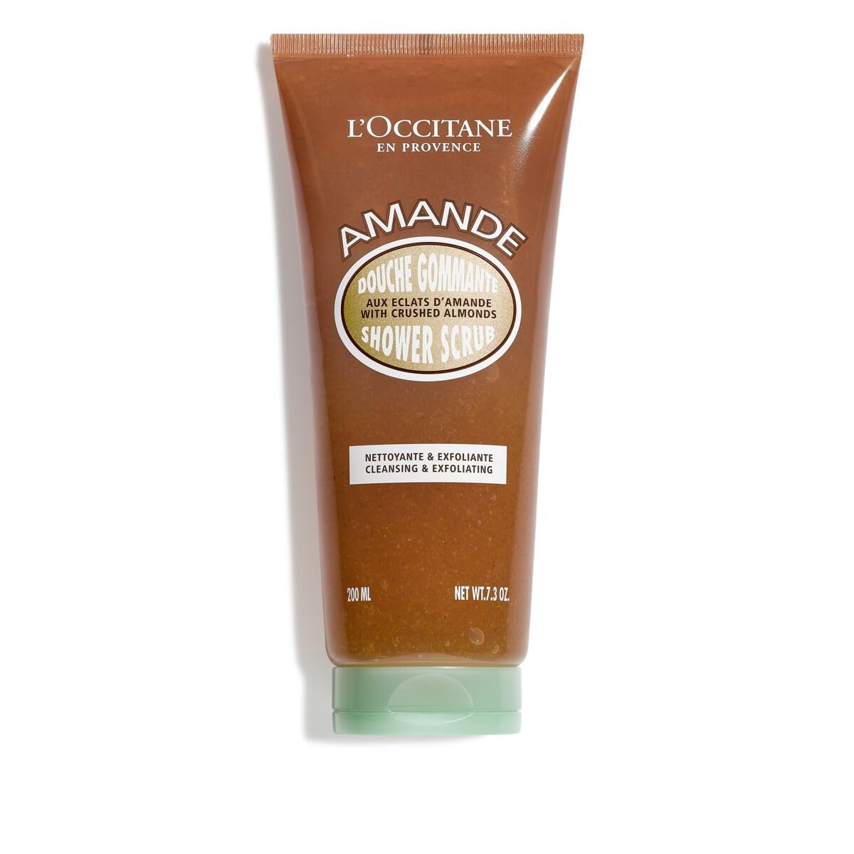 L'Occitane Almond Shower Scrub 2-in-1 exfoliating body wash with almond extract, showing the product bottle with almond accents.