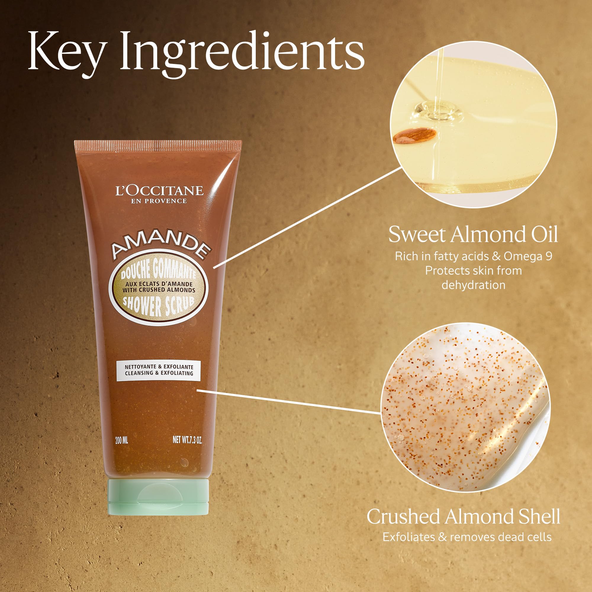 L'Occitane Almond Shower Scrub 2-in-1 exfoliating body wash and skin exfoliant with almond ingredients, creamy texture visible.