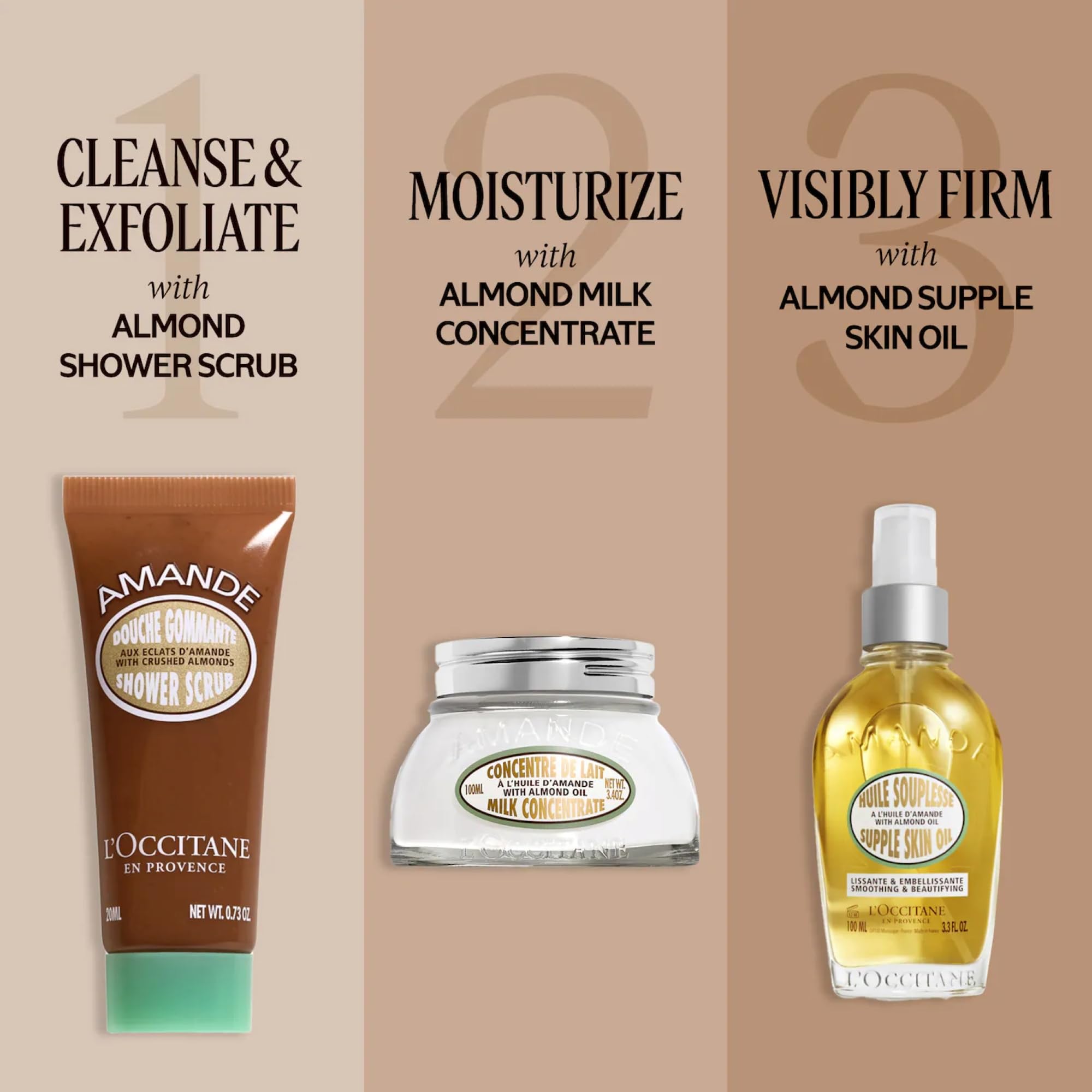 L'Occitane Almond Shower Scrub 2-in-1 exfoliating body wash with almond extract, showing the product bottle and textured scrub.