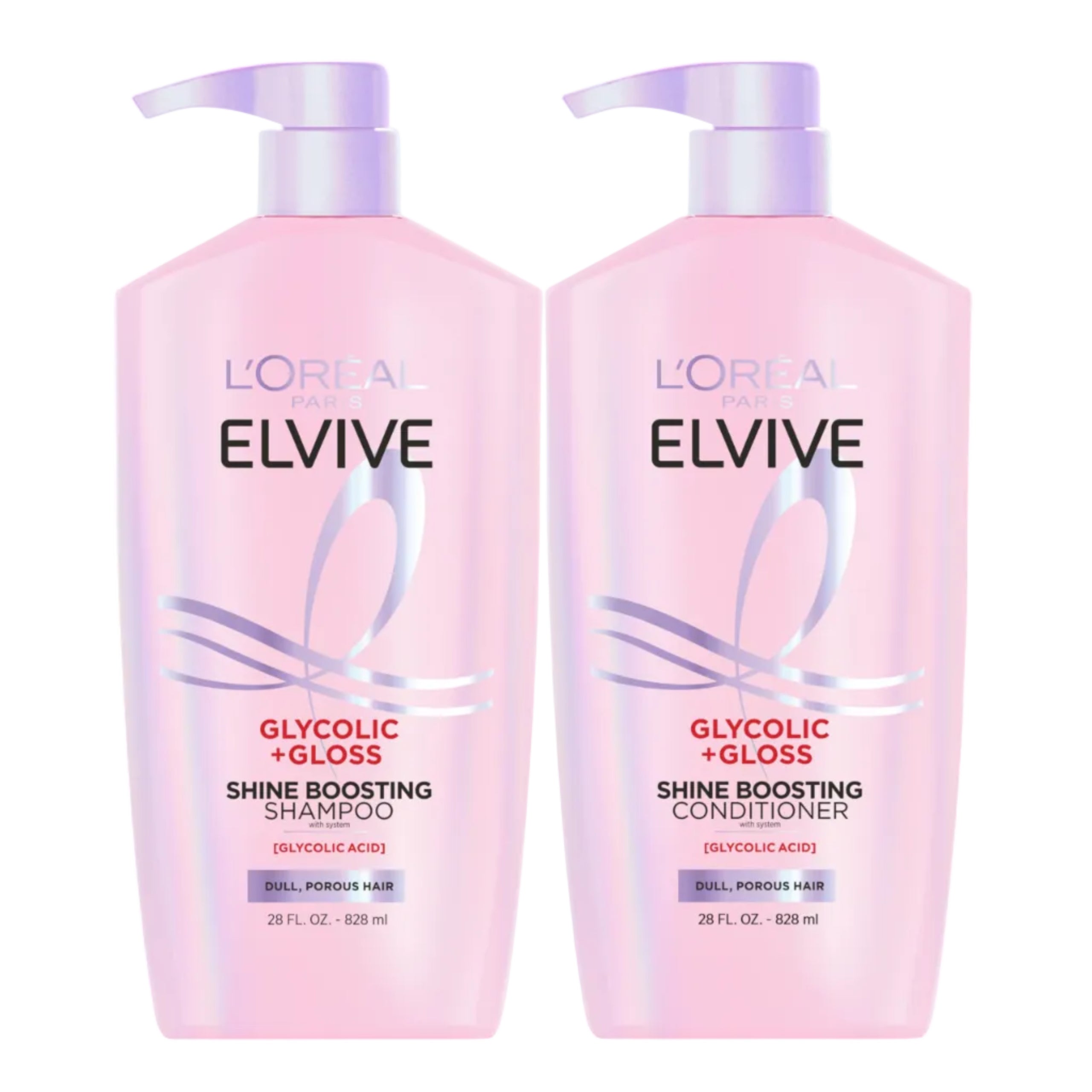 L'Oreal Paris Elvive Glycolic + Gloss shampoo and conditioner set in 56oz bottles, for clean, shiny hair.