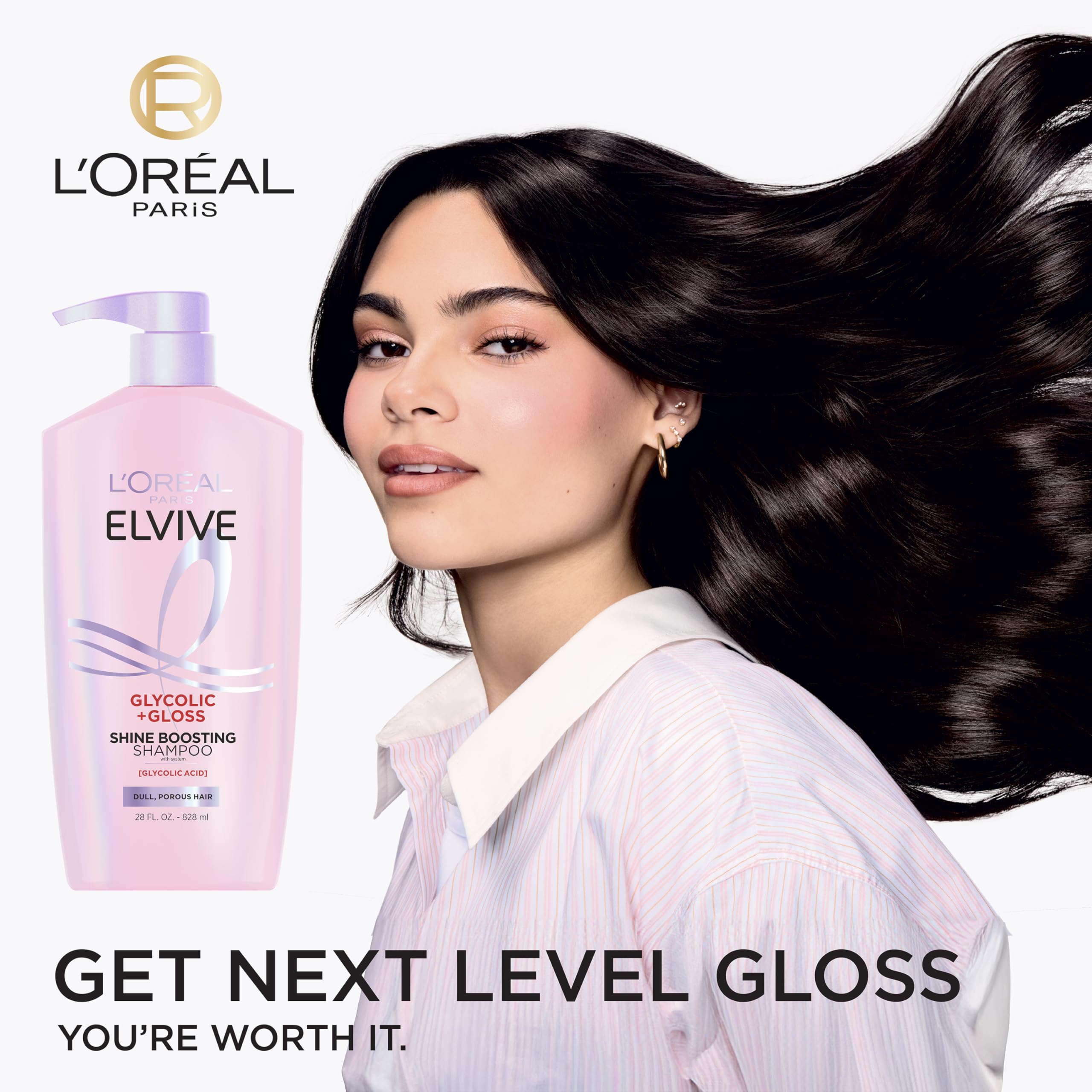 L'Oreal Paris Elvive Glycolic + Gloss shampoo and conditioner set in 56oz bottles, for shiny, refreshed hair.