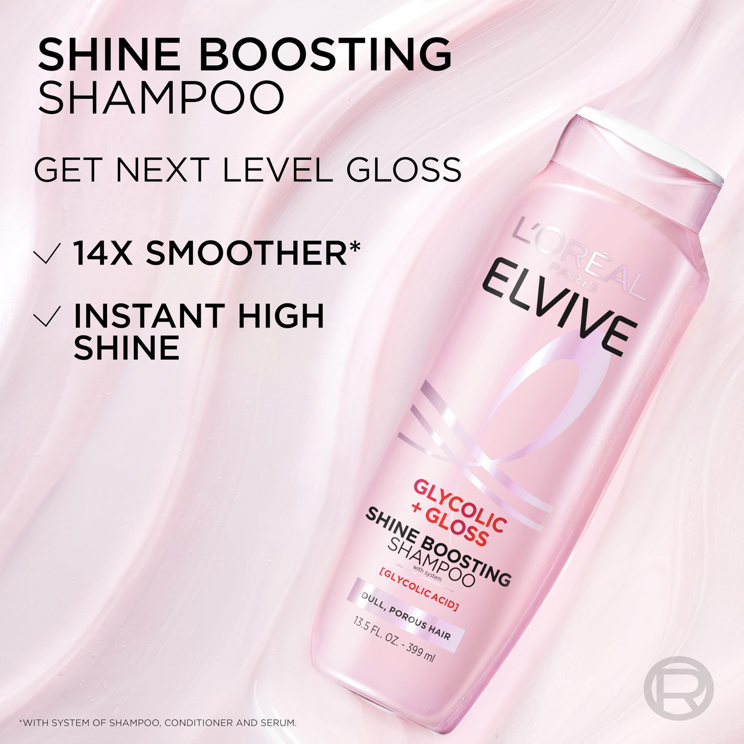 L'Oreal Paris Elvive Glycolic + Gloss shampoo and conditioner set, 56oz, for clean, shiny hair with glycolic acid treatment.