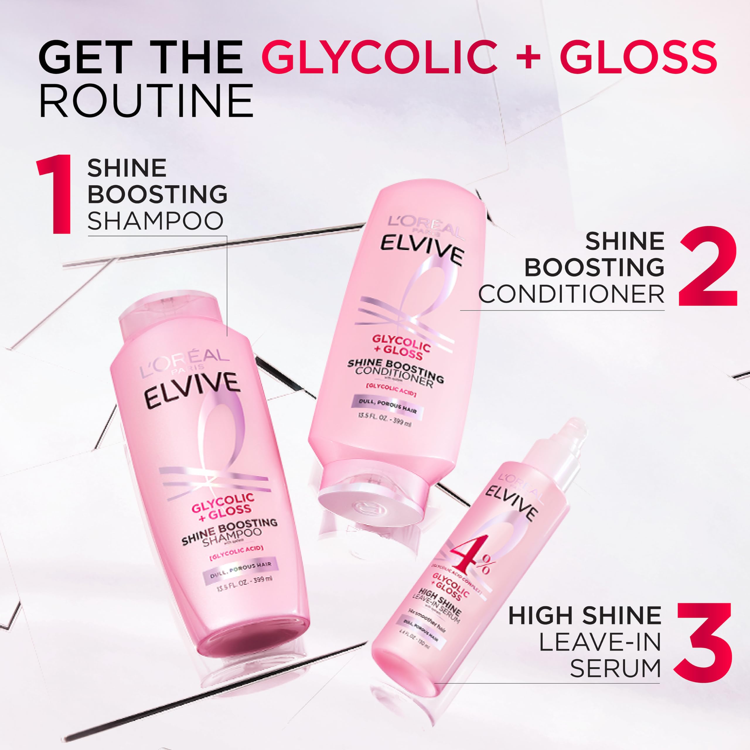 L'Oreal Paris Elvive Glycolic + Gloss Shampoo and Conditioner set, 56oz, for clean, shiny hair with glycolic acid formula.