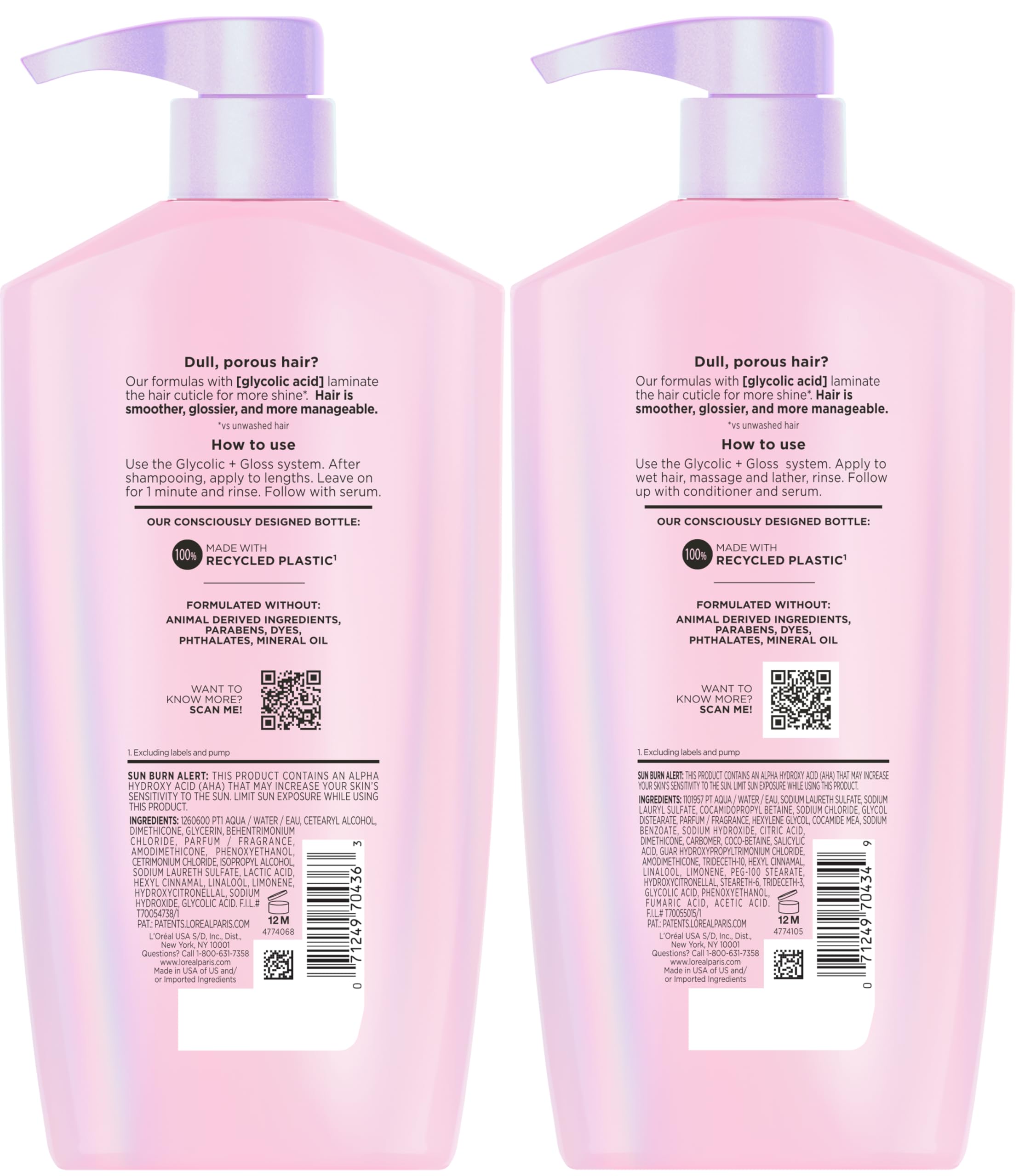 L'Oreal Paris Elvive Glycolic + Gloss Shampoo and Conditioner set, 56oz, for clean, glossy hair with glycolic acid.