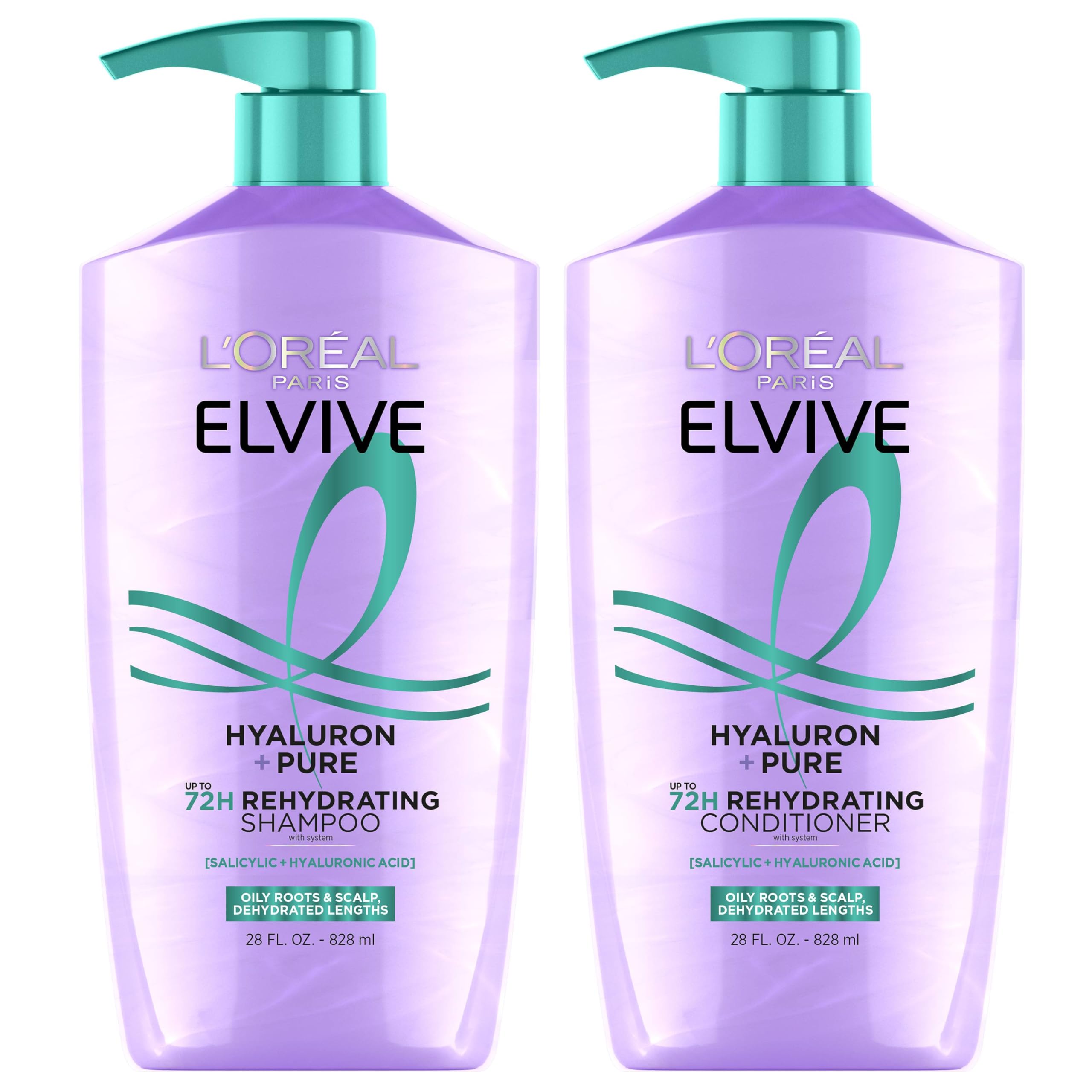 L'Oreal Paris Elvive Hyaluron+ shampoo and conditioner set in 56oz bottles, hydrating hair cleaner and conditioner for smooth, healthy hair.