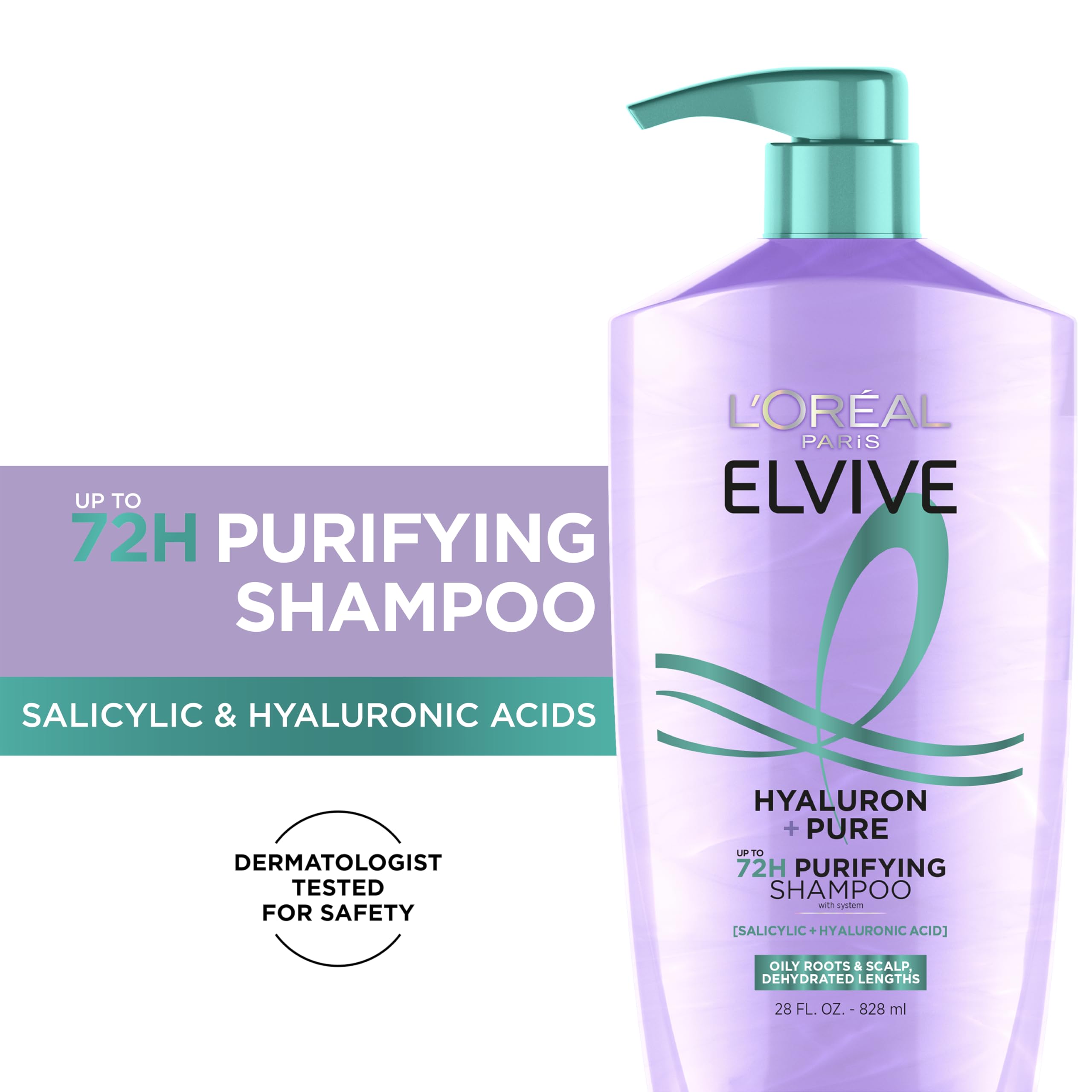 L'Oreal Paris Elvive Hyaluron+ Pure shampoo and conditioner set, 56oz, featuring bottles with blue and white packaging for healthy hair.