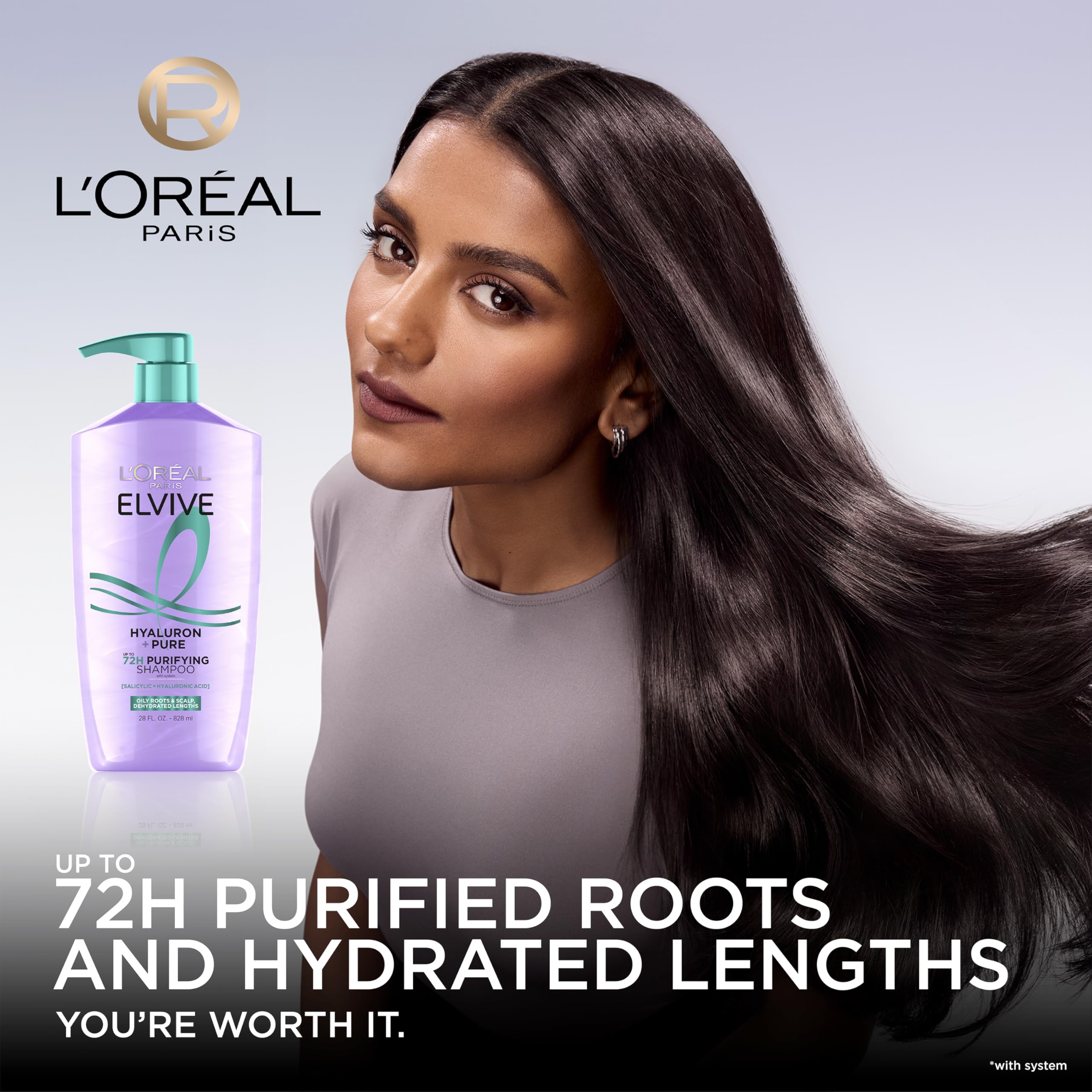 L'Oreal Paris Elvive Hyaluron+ Pure Shampoo and Conditioner set, 56oz, for clean, hydrated hair with hyaluronic acid.