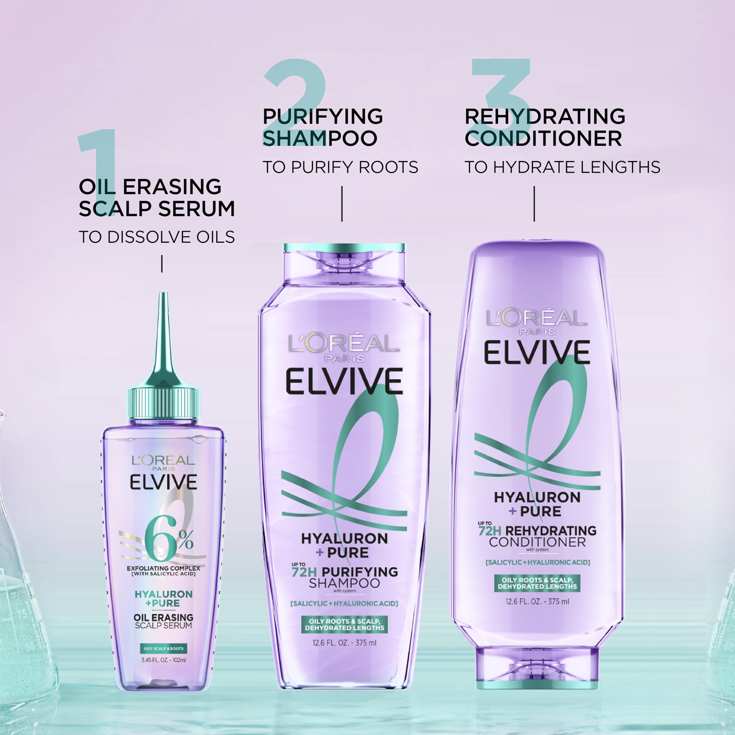 L'Oreal Paris Elvive Hyaluron+ Pure Shampoo and Conditioner set in 56oz bottles, designed for deep hair hydration and cleansing.
