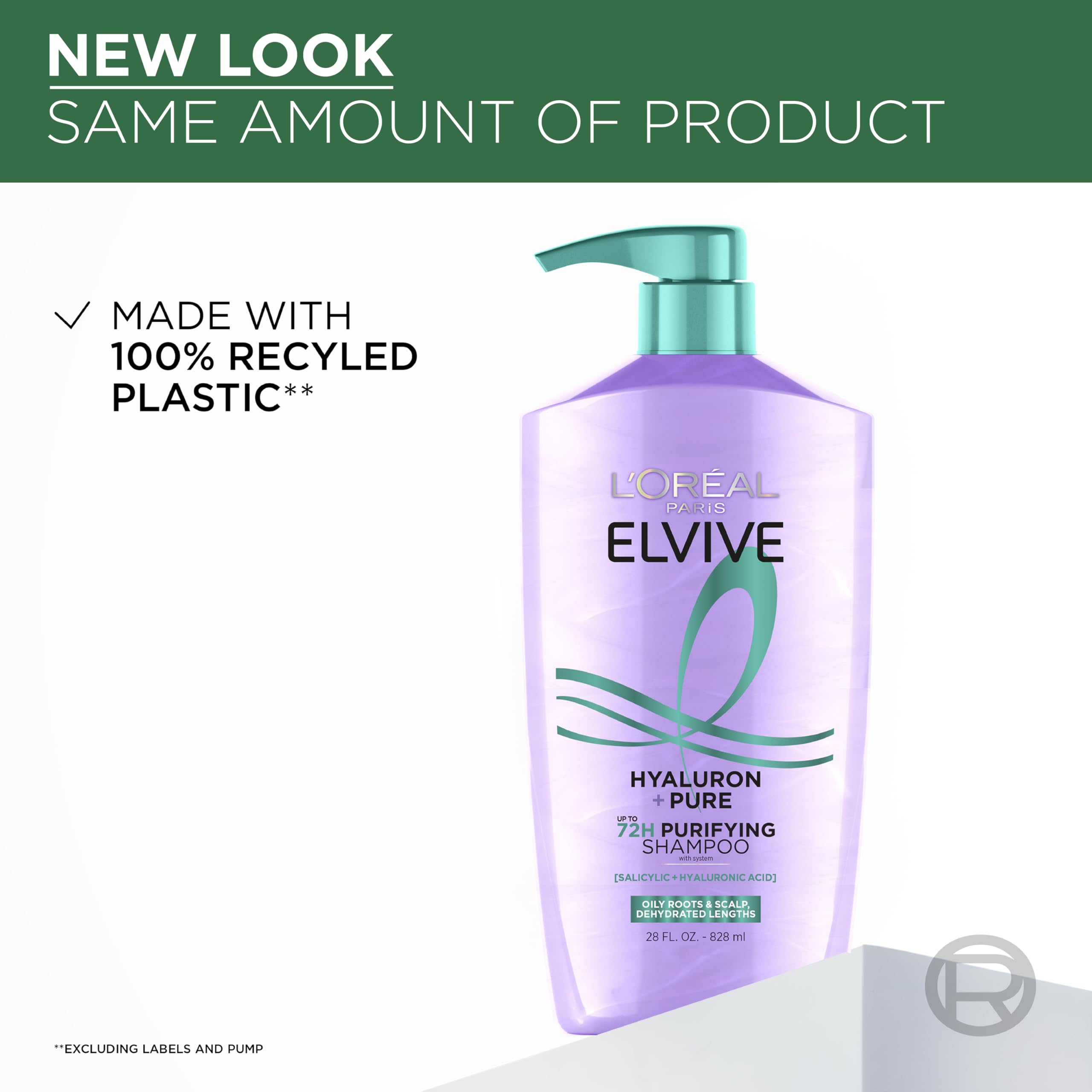 L'Oreal Paris Elvive Hyaluron+ Pure Shampoo and Conditioner set, 56oz, featuring clear bottles with blue accents and hair care branding.