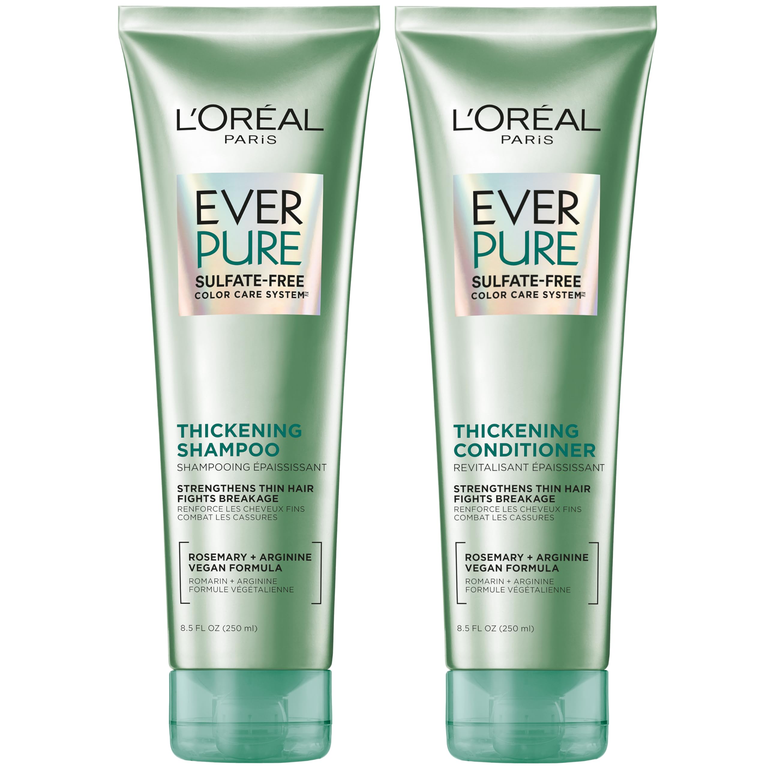 L'Oreal Paris EverPure Thickening Shampoo and Conditioner set for fuller, healthier hair, shown in the product image.