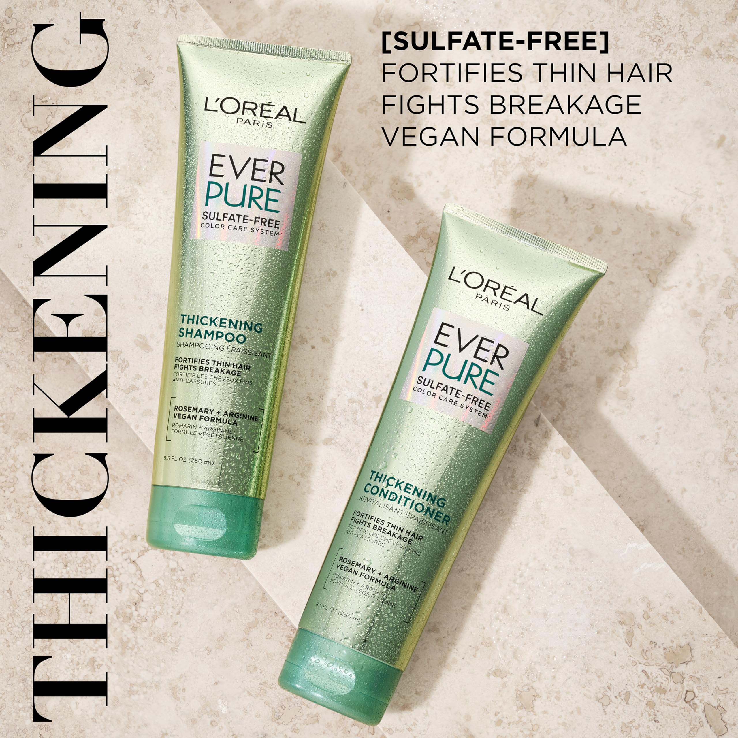 L'Oreal Paris EverPure Thickening Shampoo and Conditioner set, hair cleaner and conditioner for voluminous hair, in a sleek bottle set.