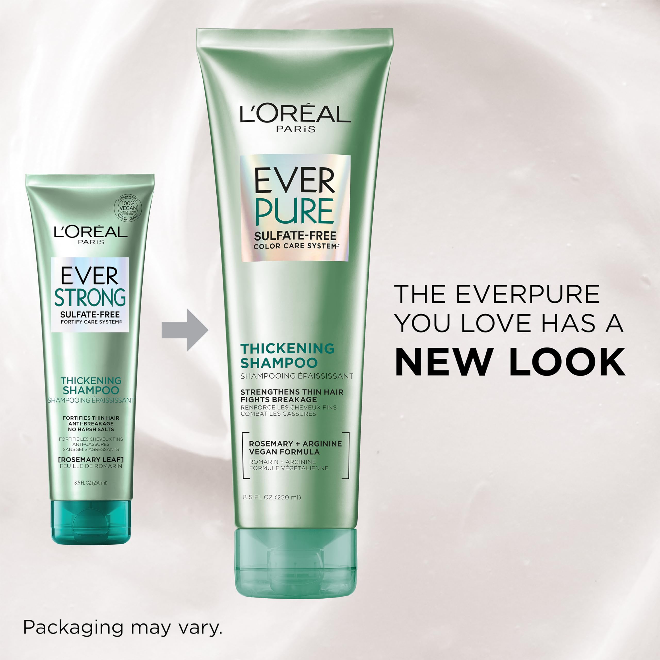 L'Oreal Paris EverPure thickening shampoo and conditioner set for fuller, healthier hair, shown in bottles with purple accents.