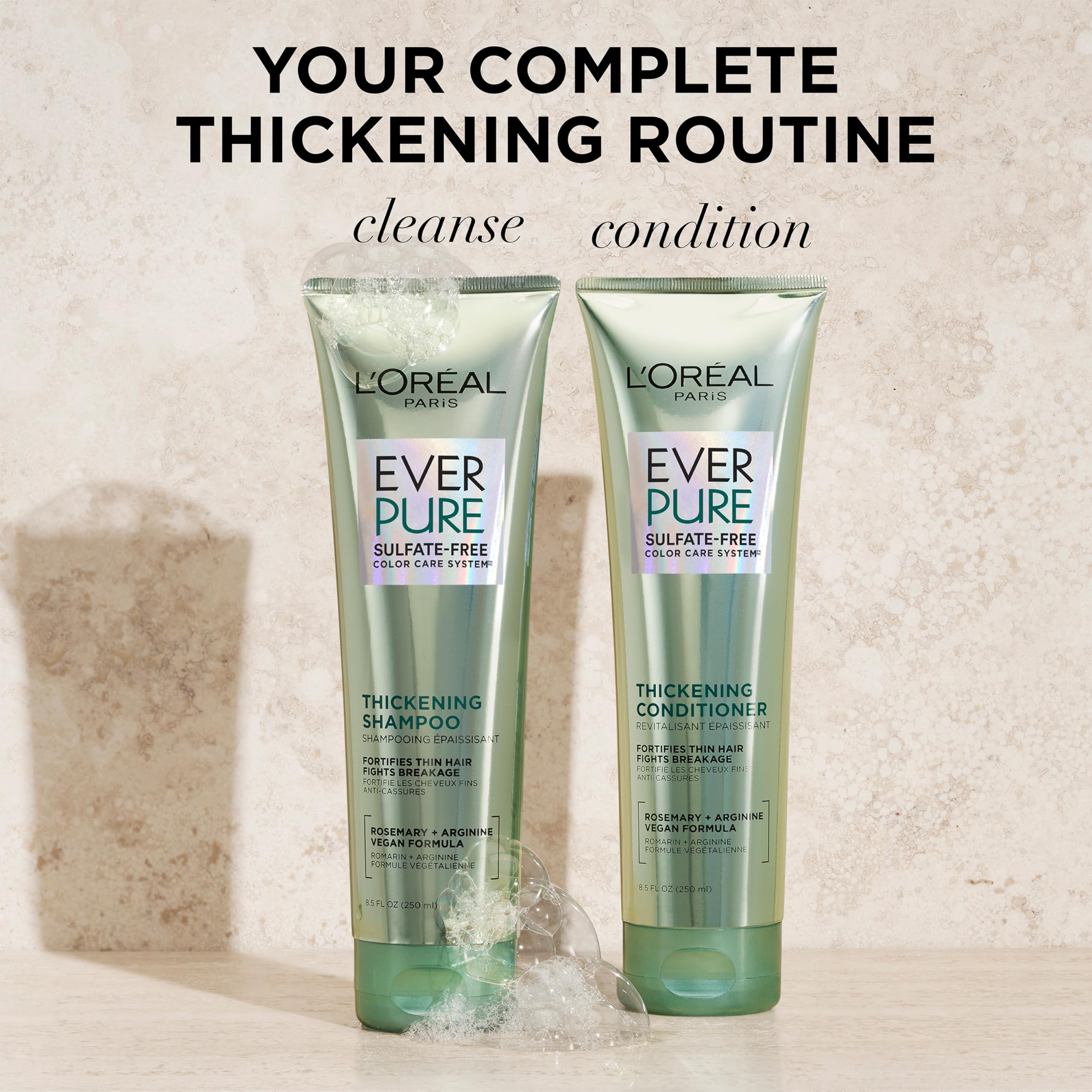 L'Oreal Paris EverPure Thickening Shampoo and Conditioner set for voluminous hair, displayed in a close-up image.