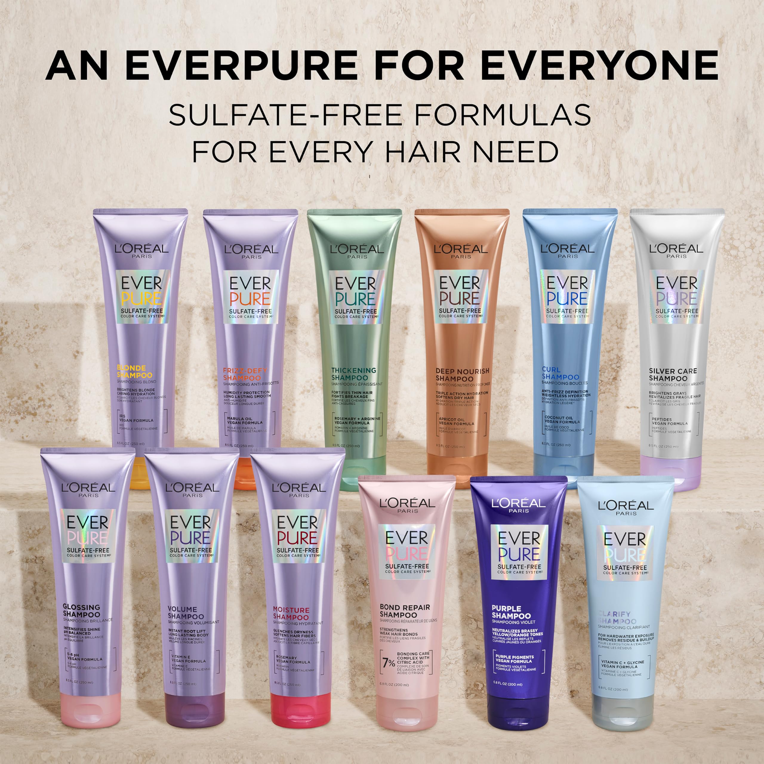 L'Oreal Paris EverPure thickening shampoo and conditioner set for volumizing hair care, shown in the product image.
