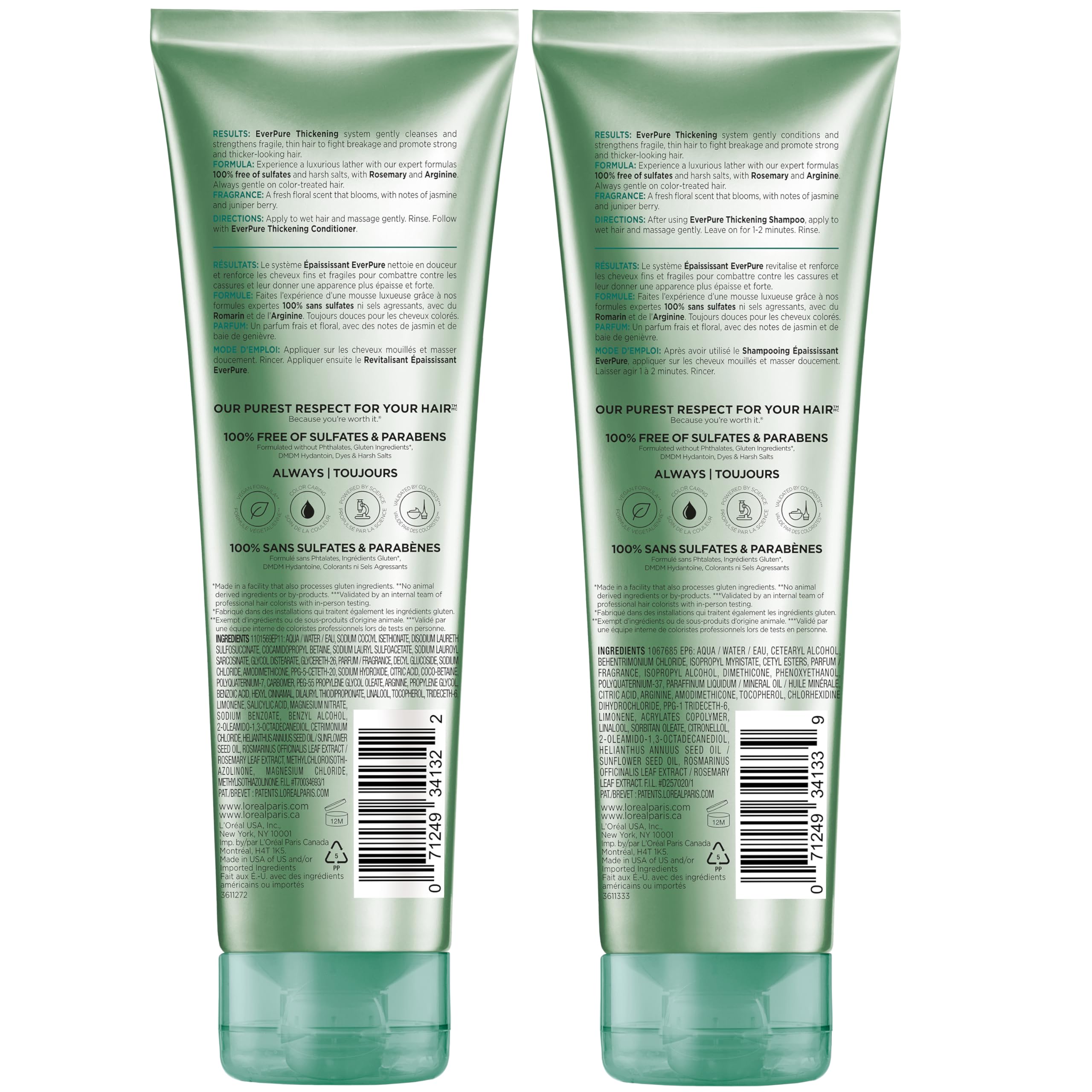 L'Oreal Paris EverPure thickening shampoo and conditioner set for hair volume and fullness, shown in bottles with labels.