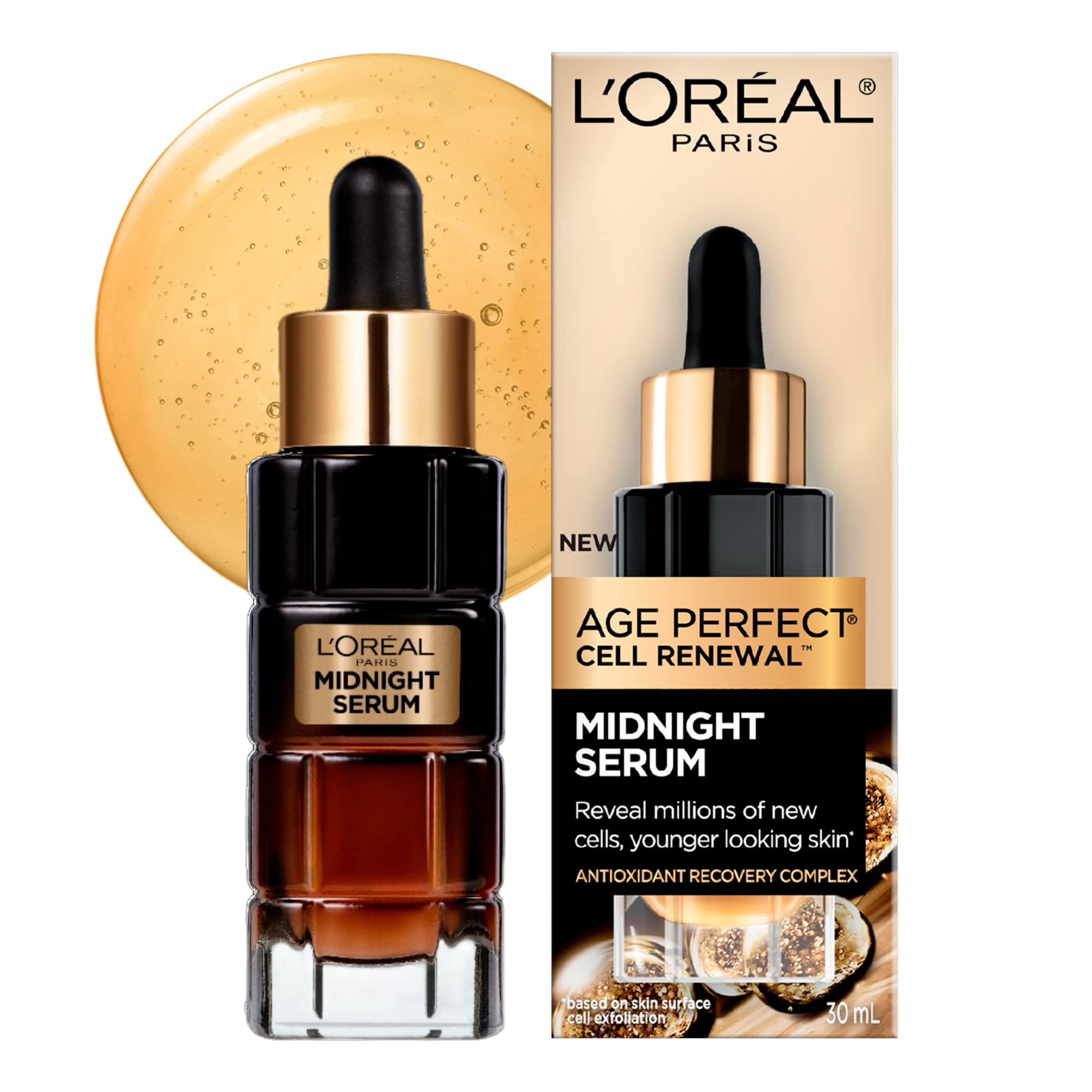 L'Oreal Paris Age Perfect Midnight Serum in 1 oz bottle, a skin moisturizer with anti-aging properties.