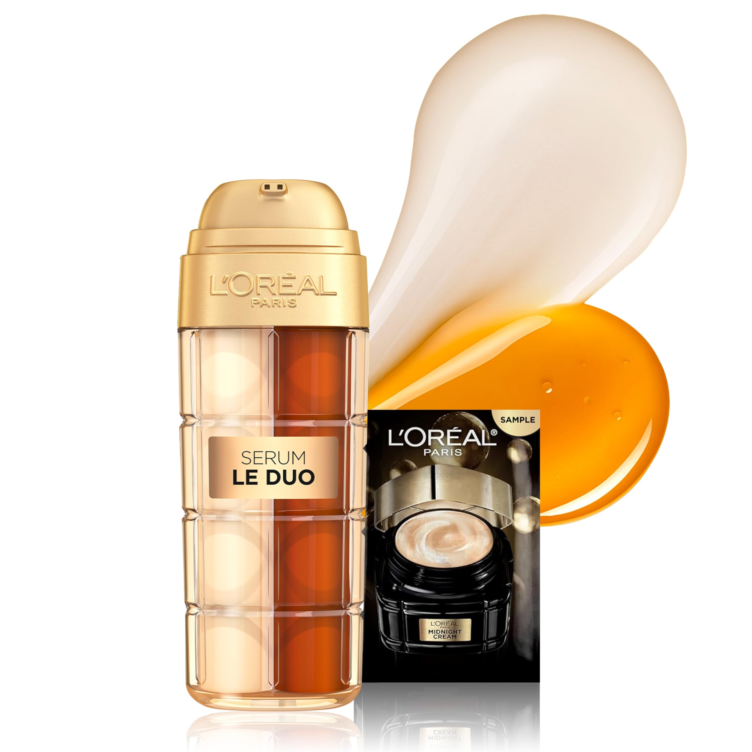 L’Oréal Paris Age Perfect Skin Serum Duo with 1 oz bottle and sample, featuring a sleek pump bottle for mature skin hydration.