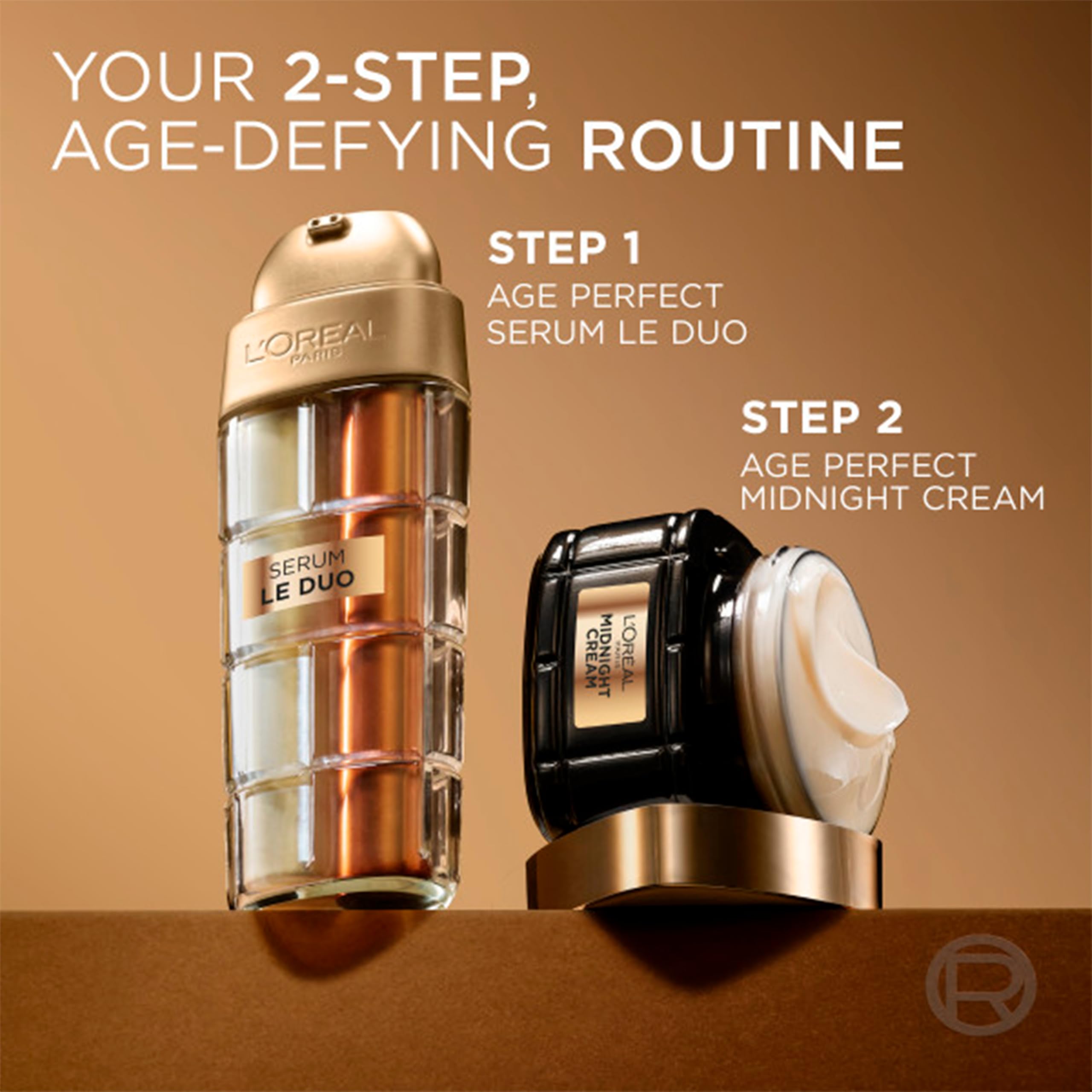 L'Oréal Paris Age Perfect Skin Serum Duo with 1 oz bottle and sample, featuring a sleek bottle and applicator for mature skin.
